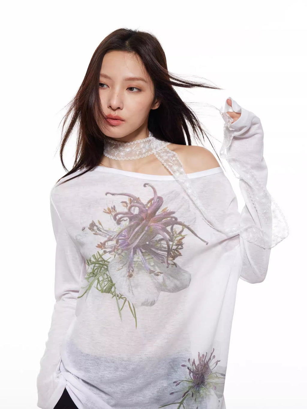 Nigella Print Off Shoulder Long Sleeve Women T-Shirt
 [ID:0053TO]