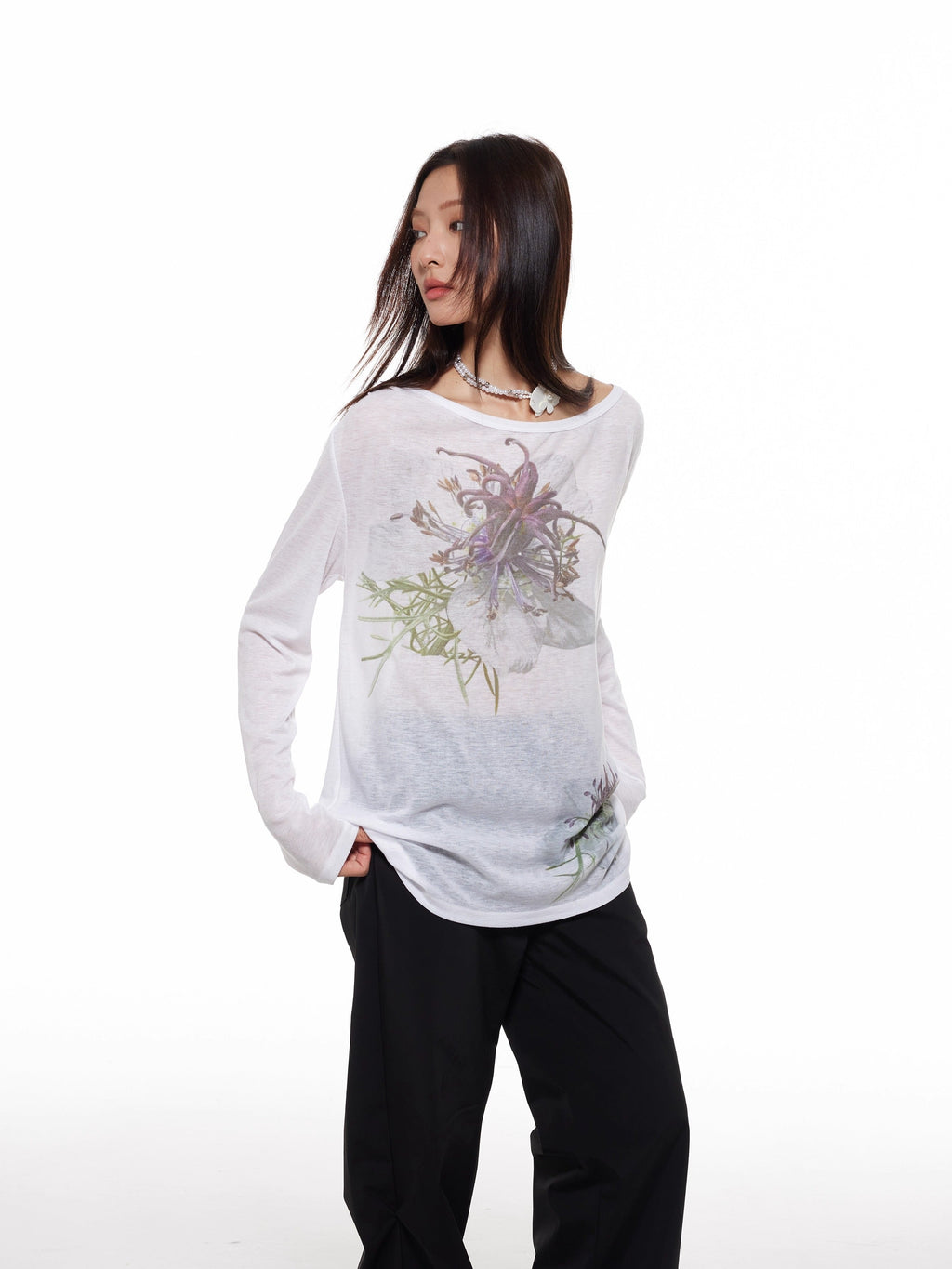 Nigella Print Off Shoulder Long Sleeve Women T-Shirt
 [ID:0053TO]