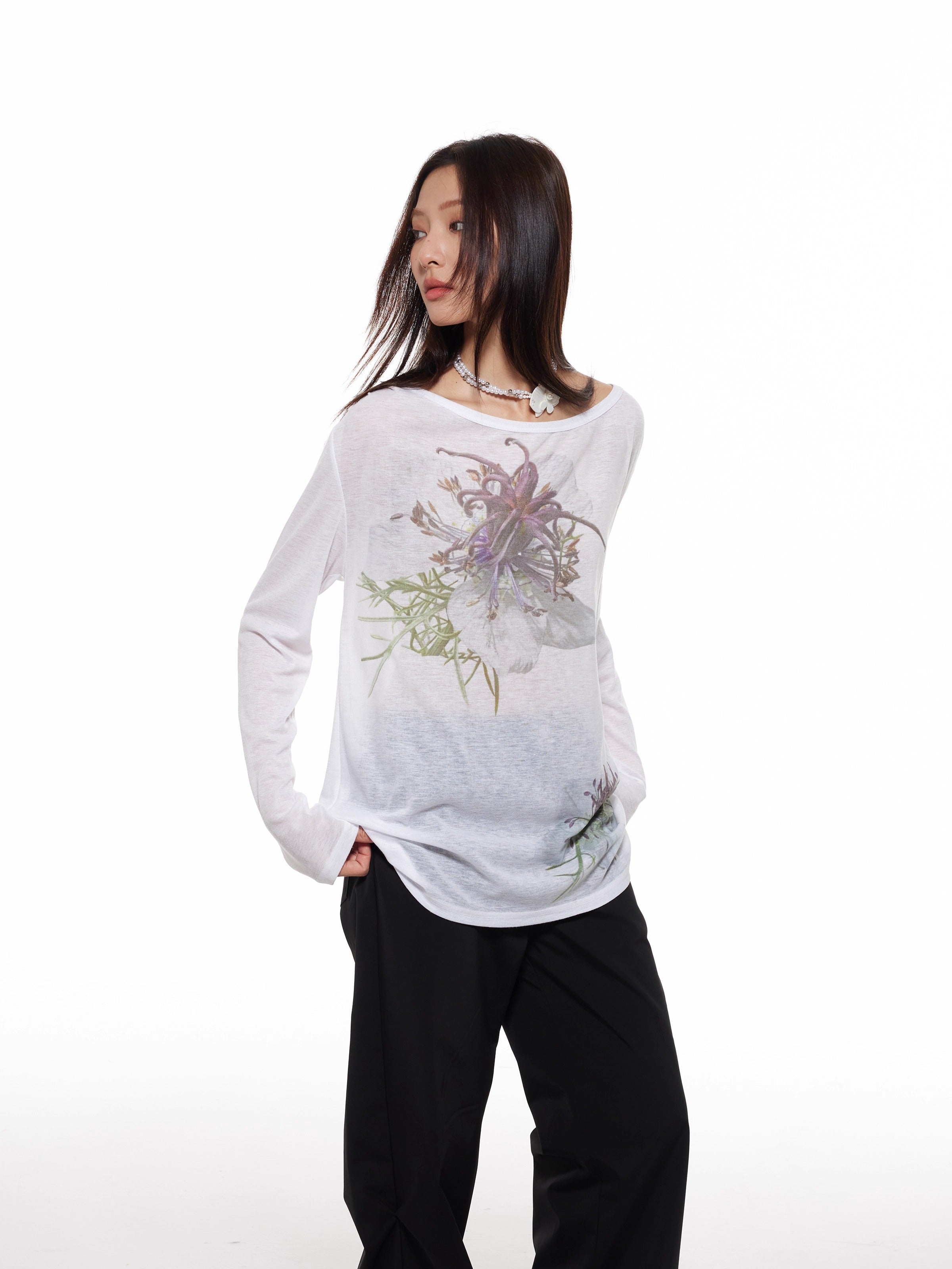 Nigella Print Off Shoulder Long Sleeve Women T-Shirt
 [ID:0053TO]