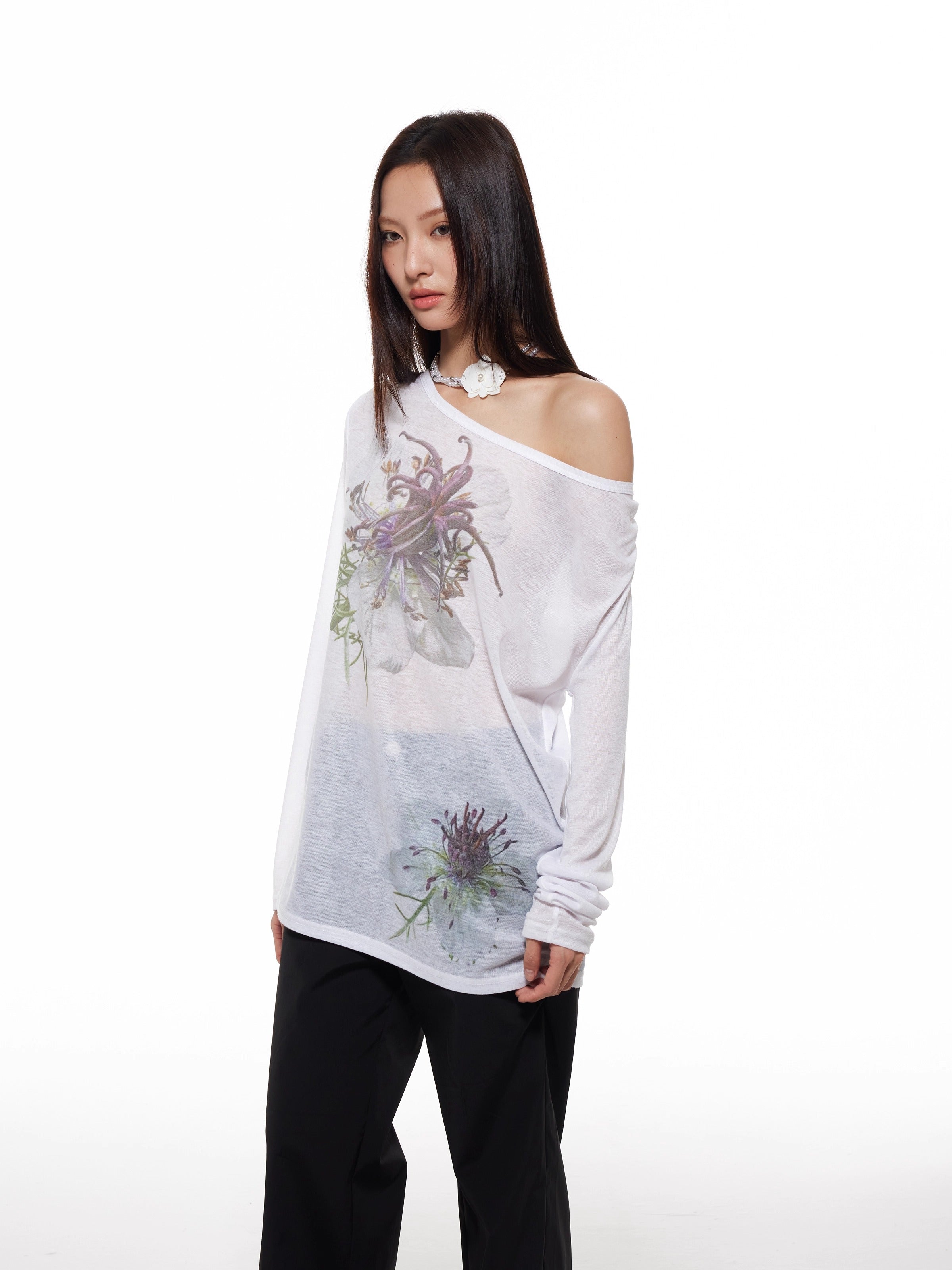 Nigella Print Off Shoulder Long Sleeve Women T-Shirt
 [ID:0053TO]