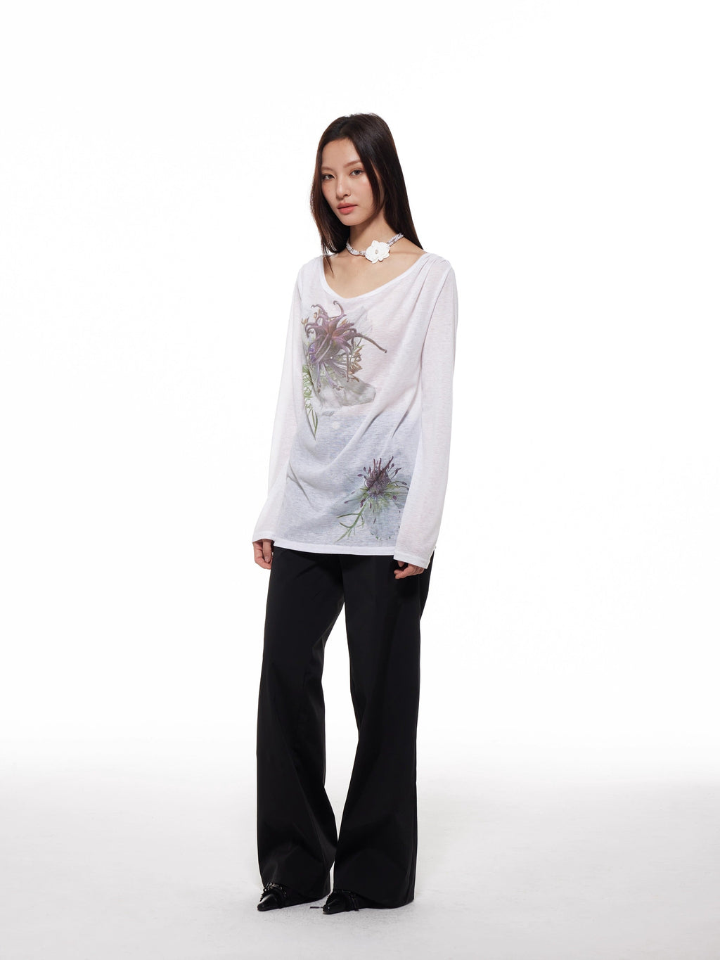 Nigella Print Off Shoulder Long Sleeve Women T-Shirt
 [ID:0053TO]