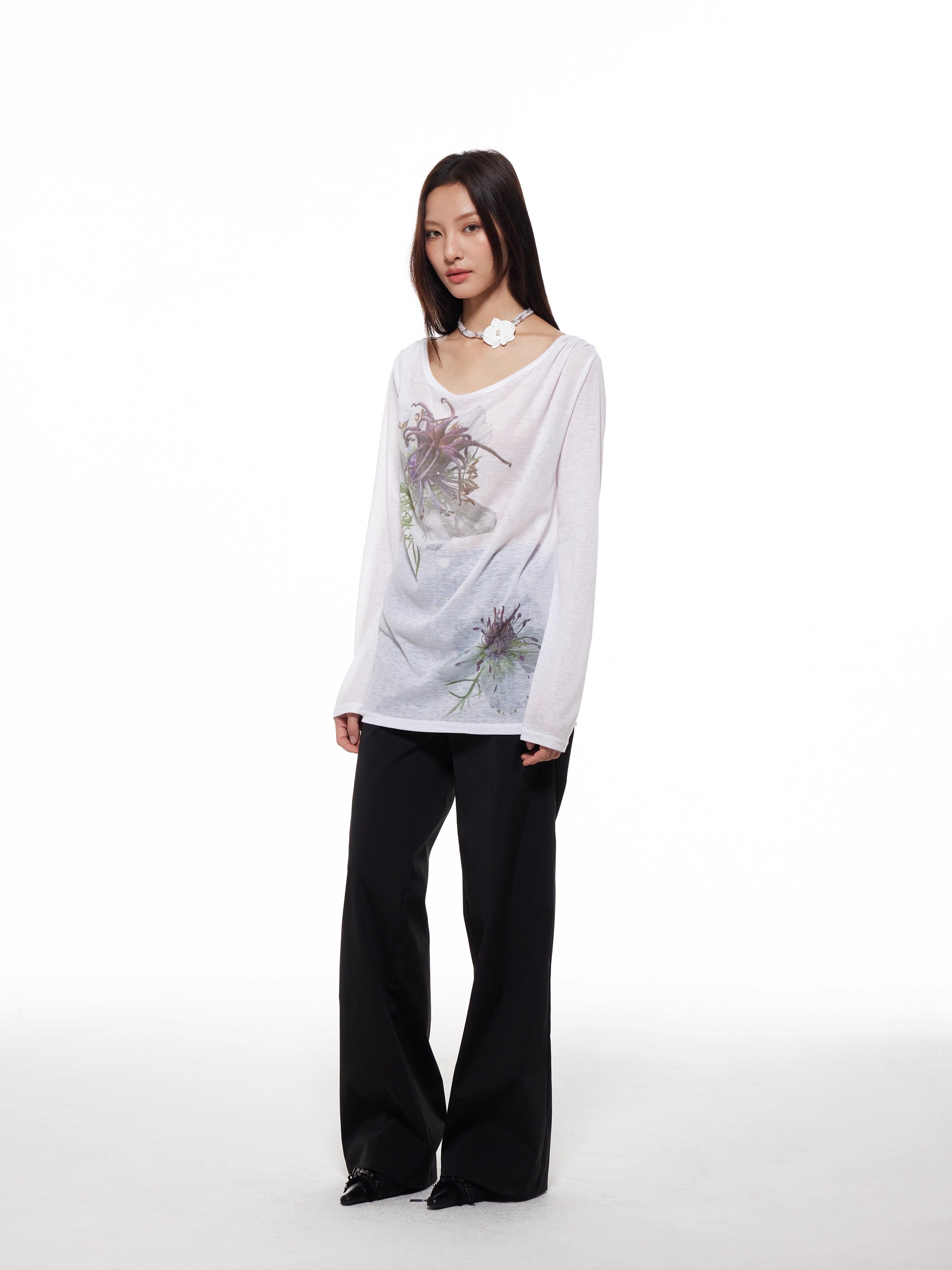 Nigella Print Off Shoulder Long Sleeve Women T-Shirt
 [ID:0053TO]