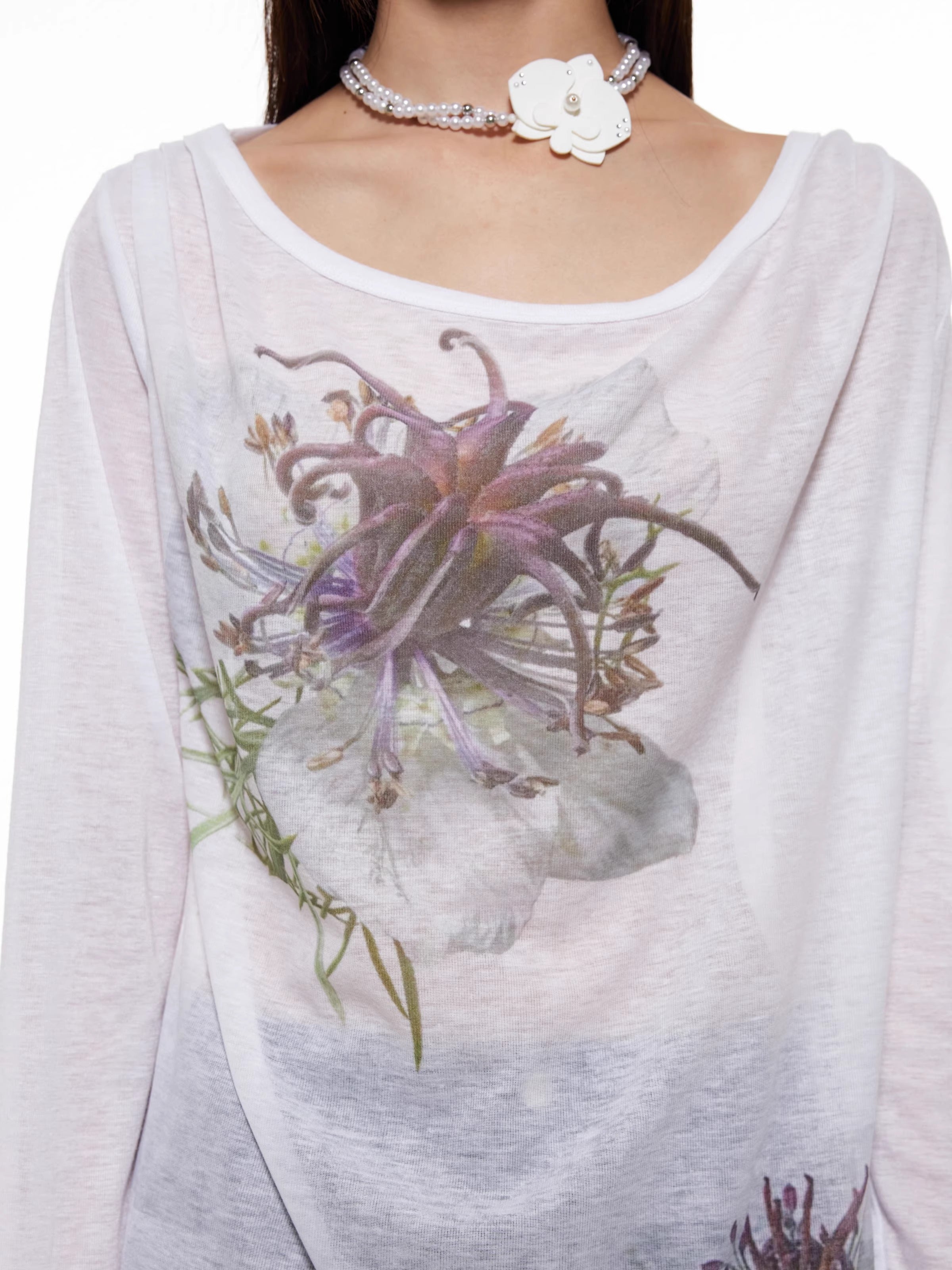 Nigella Print Off Shoulder Long Sleeve Women T-Shirt
 [ID:0053TO]