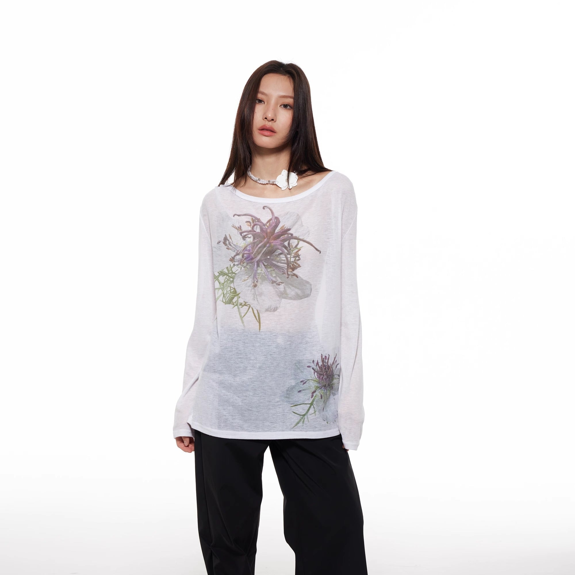 Nigella Print Off Shoulder Long Sleeve Women T-Shirt
 [ID:0053TO]