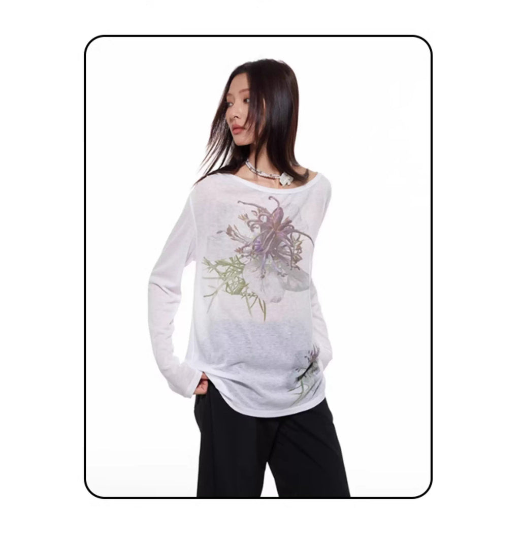 Nigella Print Off Shoulder Long Sleeve Women T-Shirt
 [ID:0053TO]
