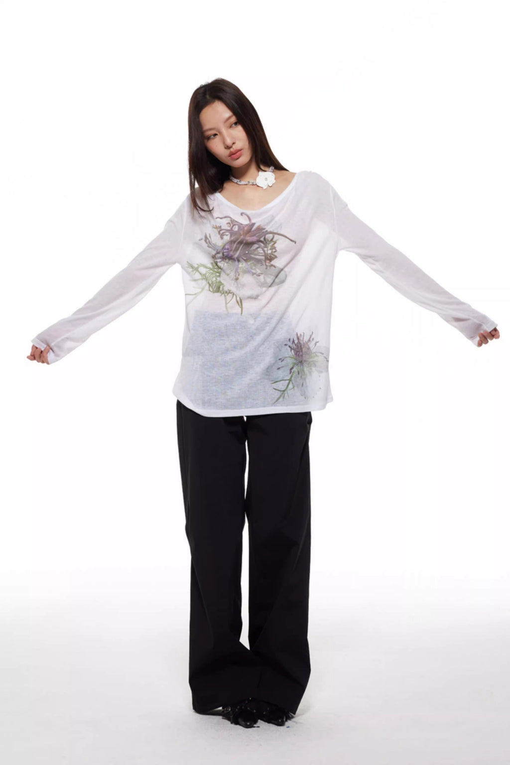 Nigella Print Off Shoulder Long Sleeve Women T-Shirt
 [ID:0053TO]