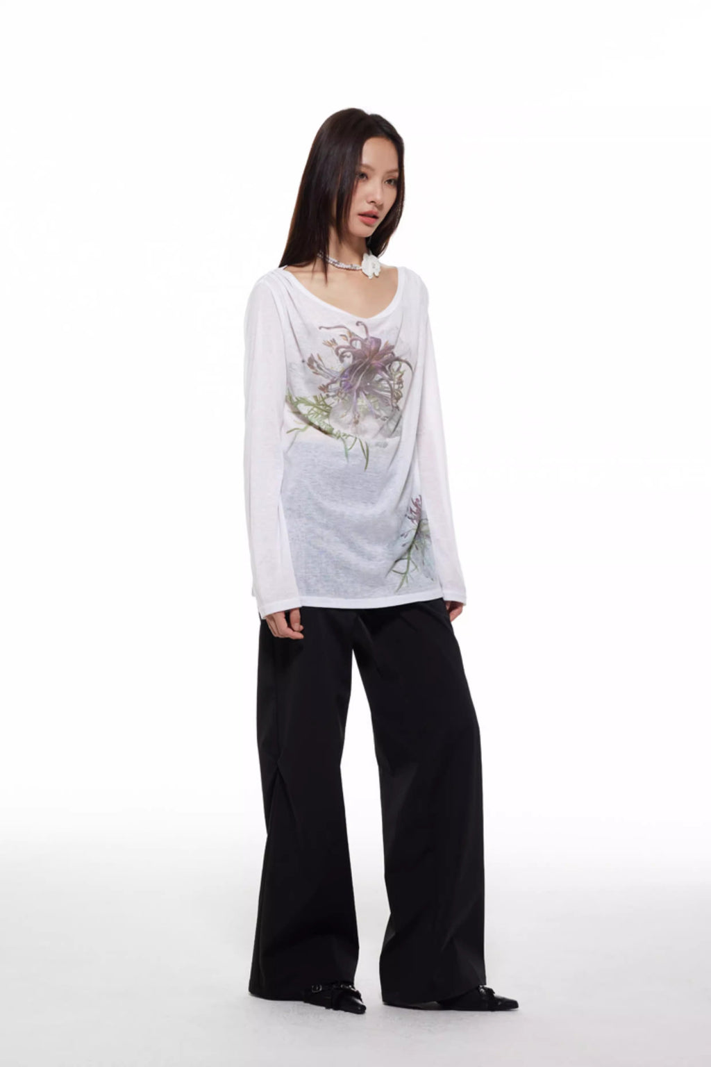Nigella Print Off Shoulder Long Sleeve Women T-Shirt
 [ID:0053TO]