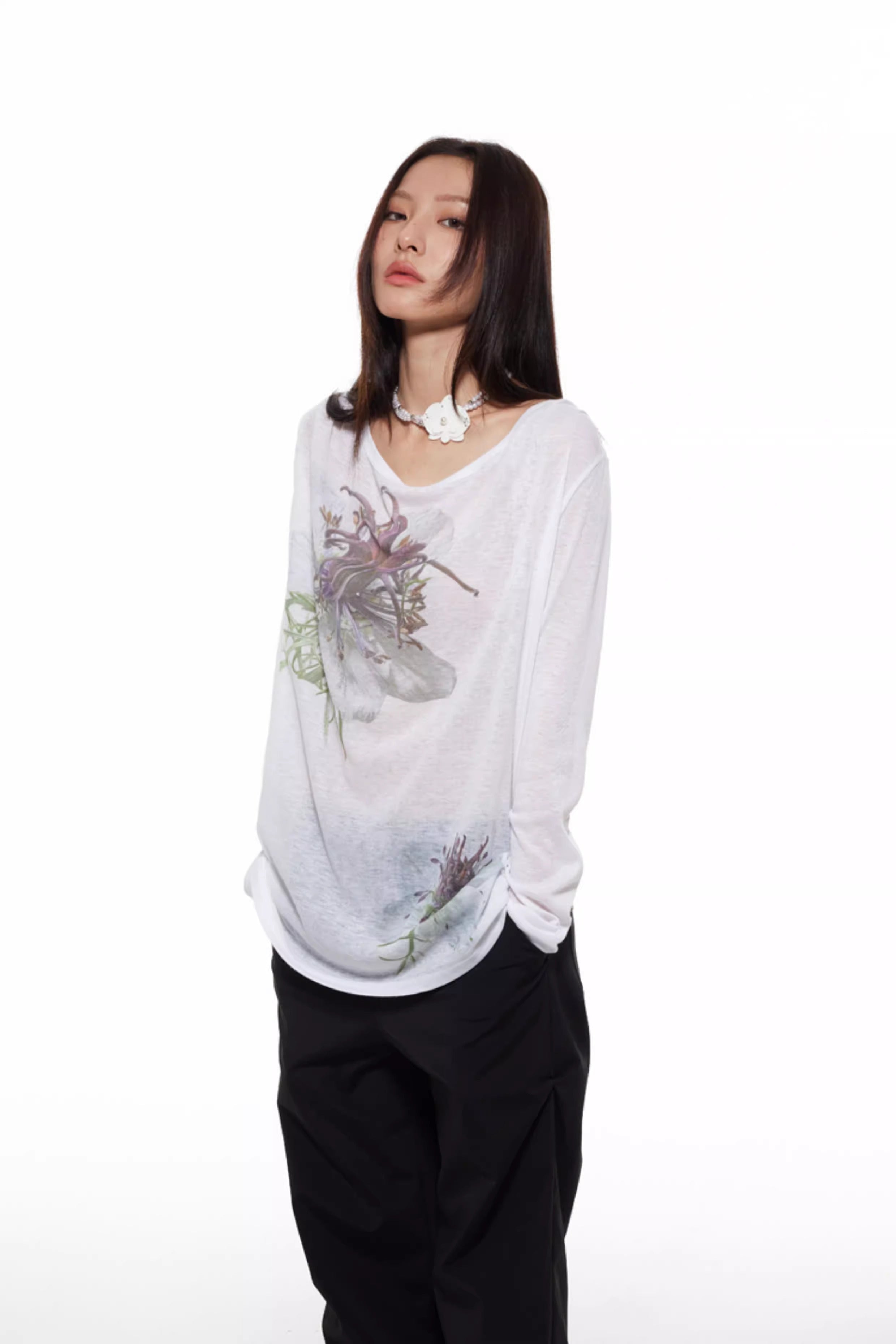 Nigella Print Off Shoulder Long Sleeve Women T-Shirt
 [ID:0053TO]