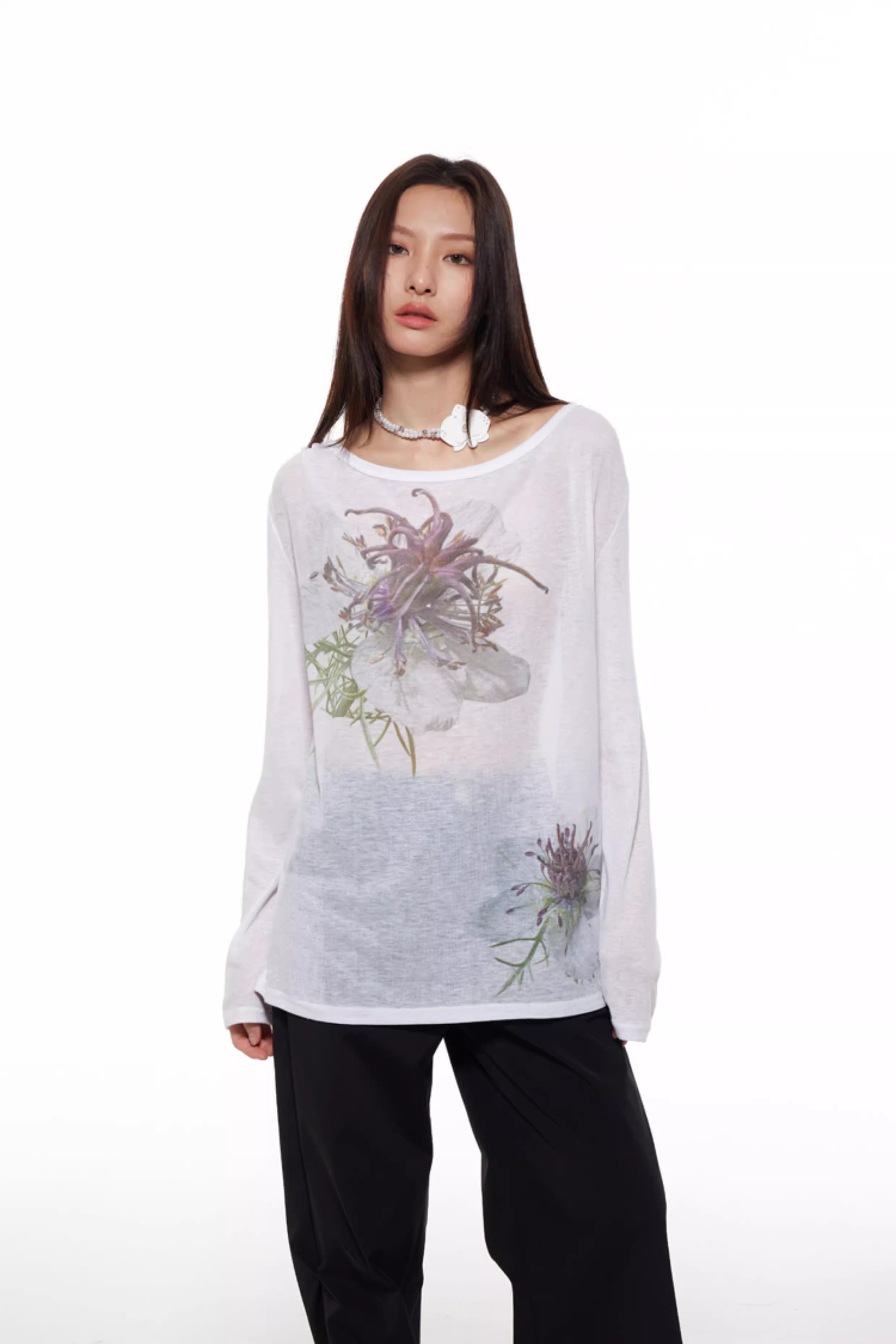 Nigella Print Off Shoulder Long Sleeve Women T-Shirt
 [ID:0053TO]