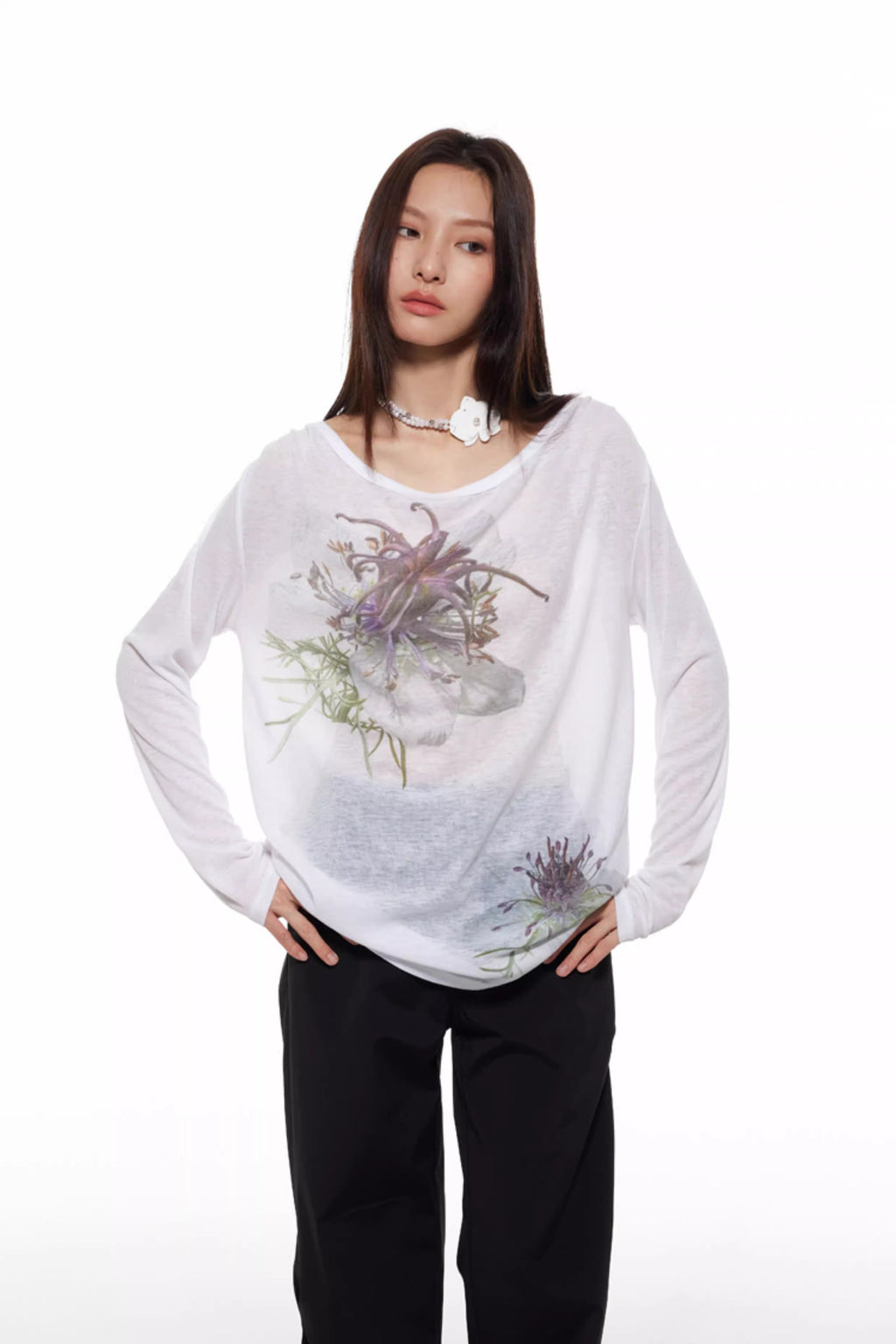 Nigella Print Off Shoulder Long Sleeve Women T-Shirt
 [ID:0053TO]