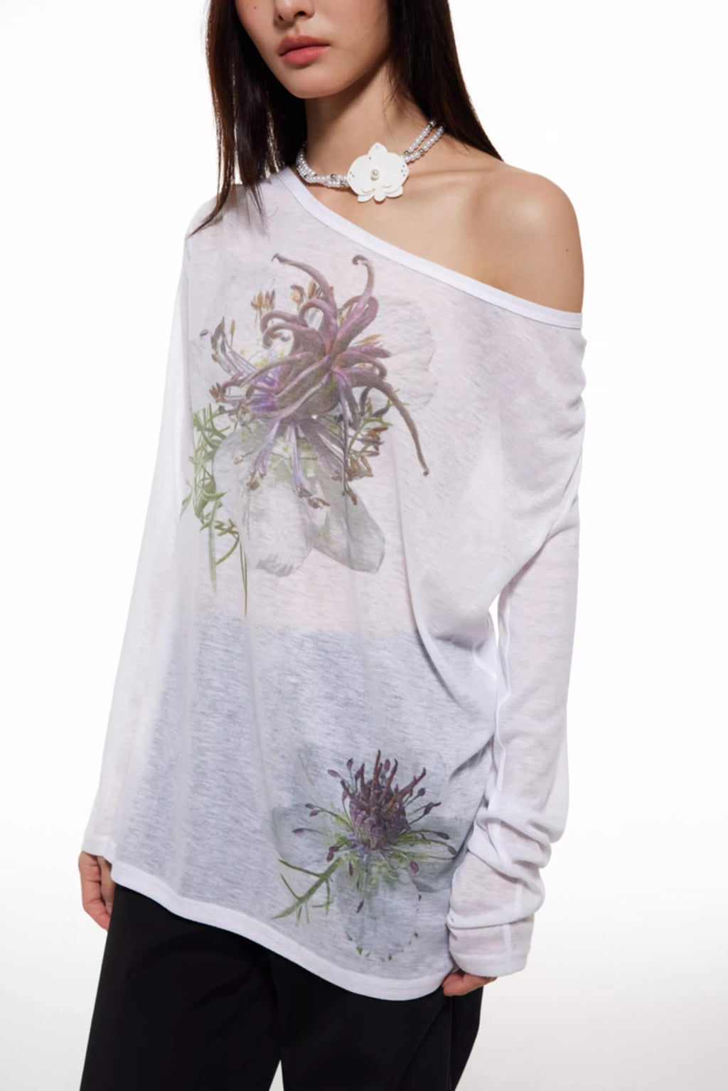 Nigella Print Off Shoulder Long Sleeve Women T-Shirt
 [ID:0053TO]