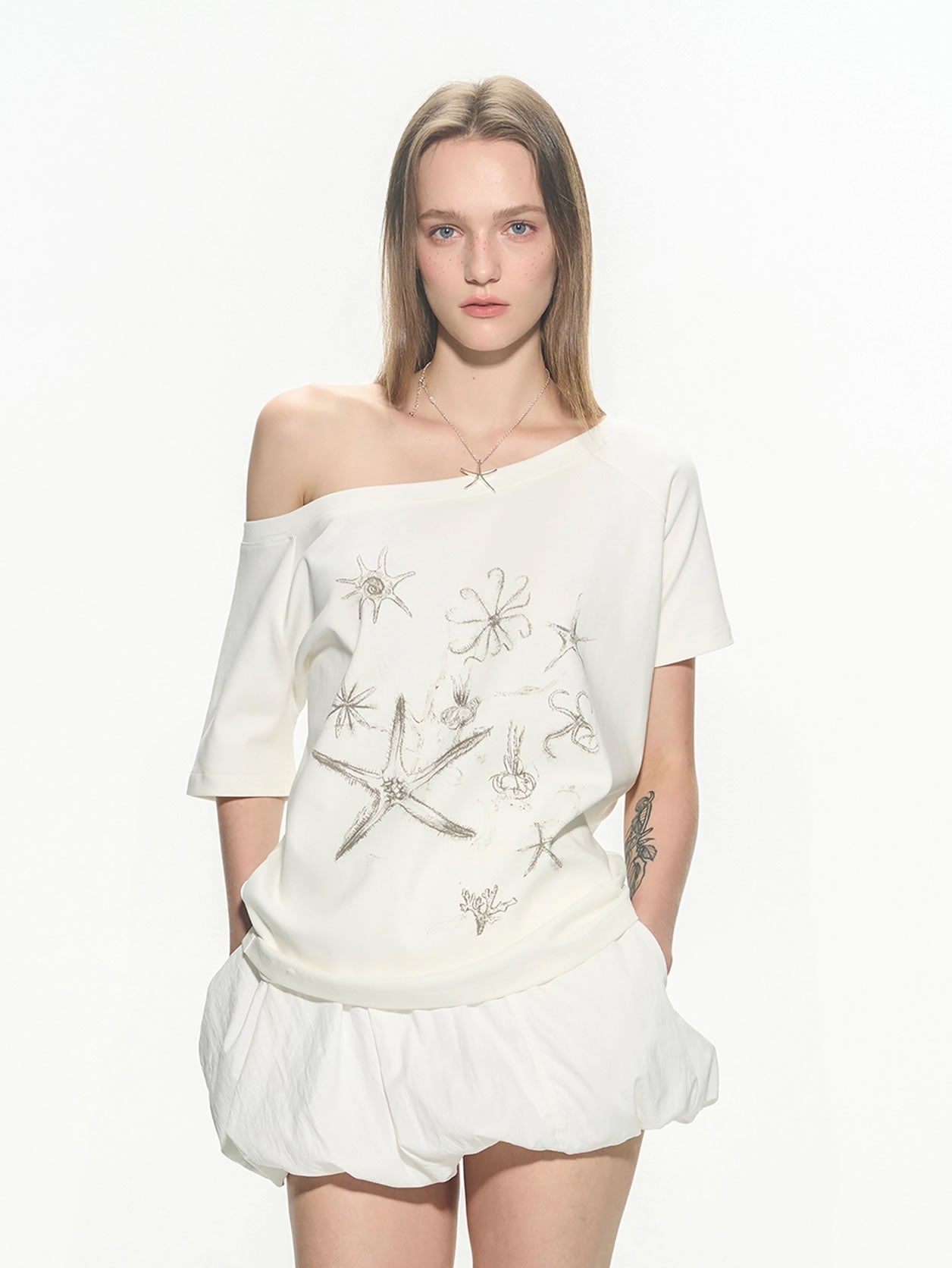 Ballet Style Off Shoulder Short Sleeve Women T-Shirt
 [ID:0054TO]