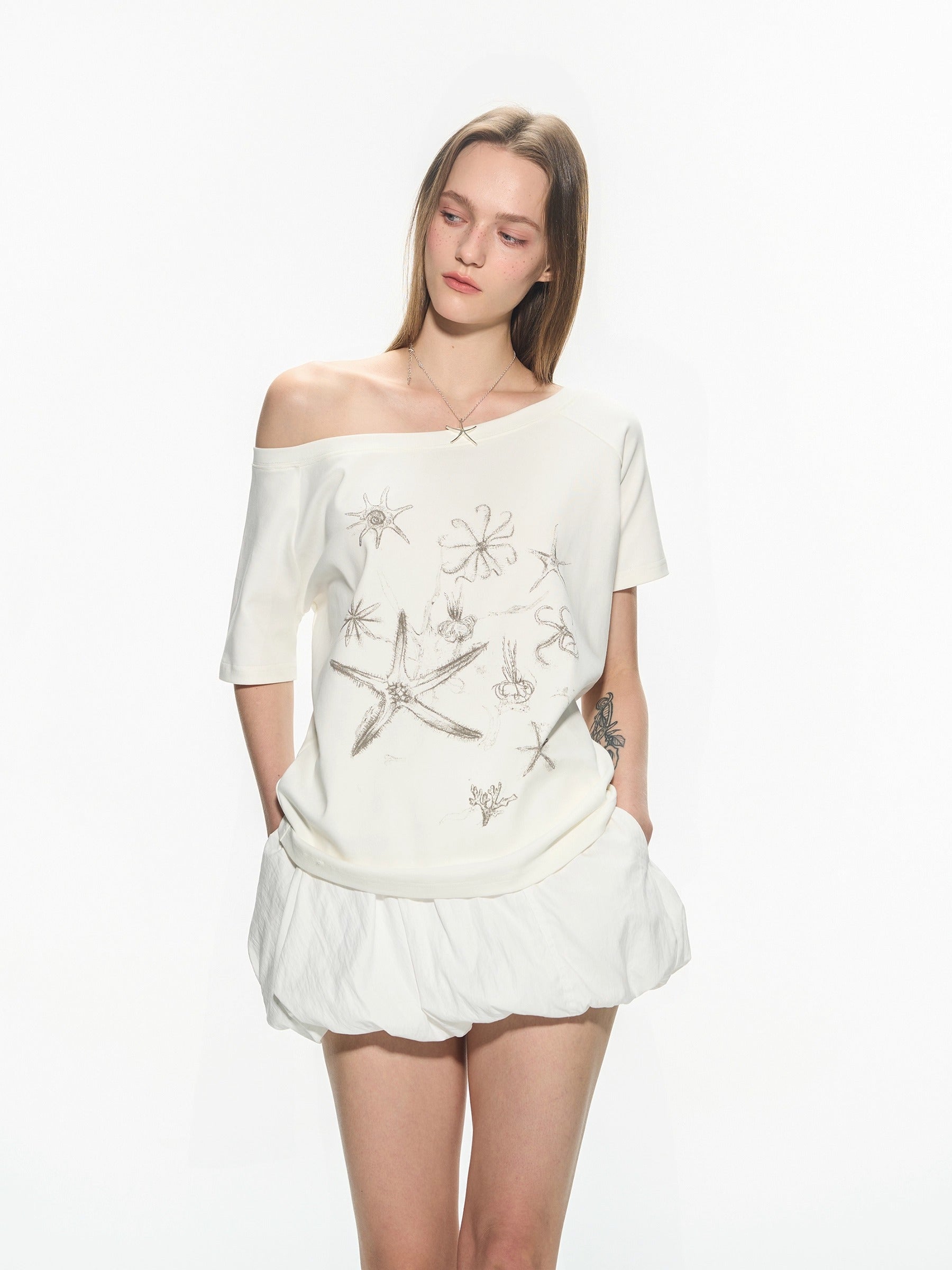 Ballet Style Off Shoulder Short Sleeve Women T-Shirt
 [ID:0054TO]