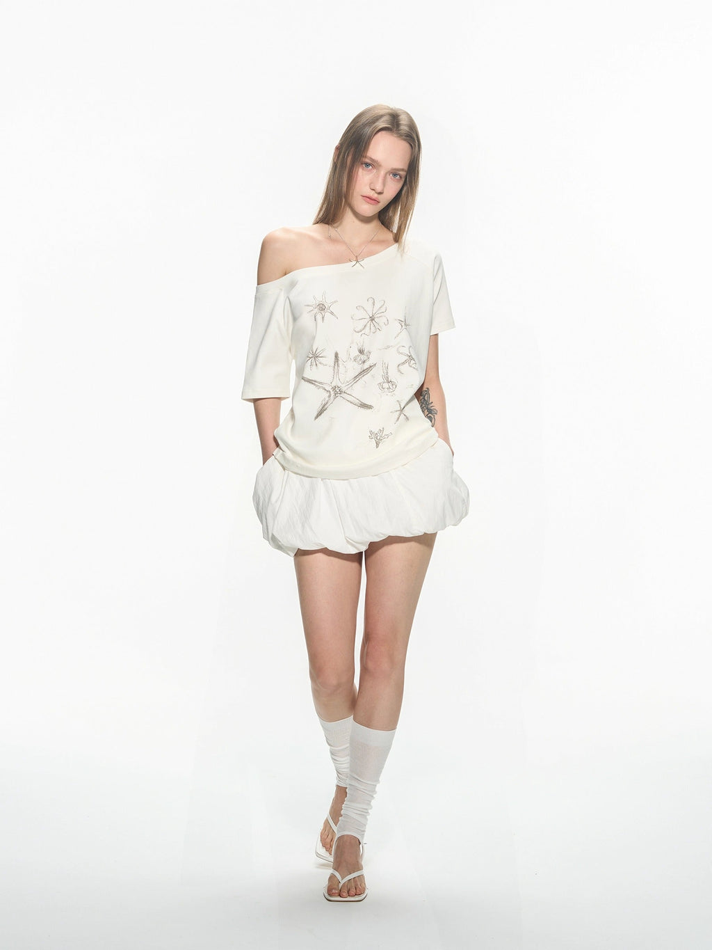 Ballet Style Off Shoulder Short Sleeve Women T-Shirt
 [ID:0054TO]