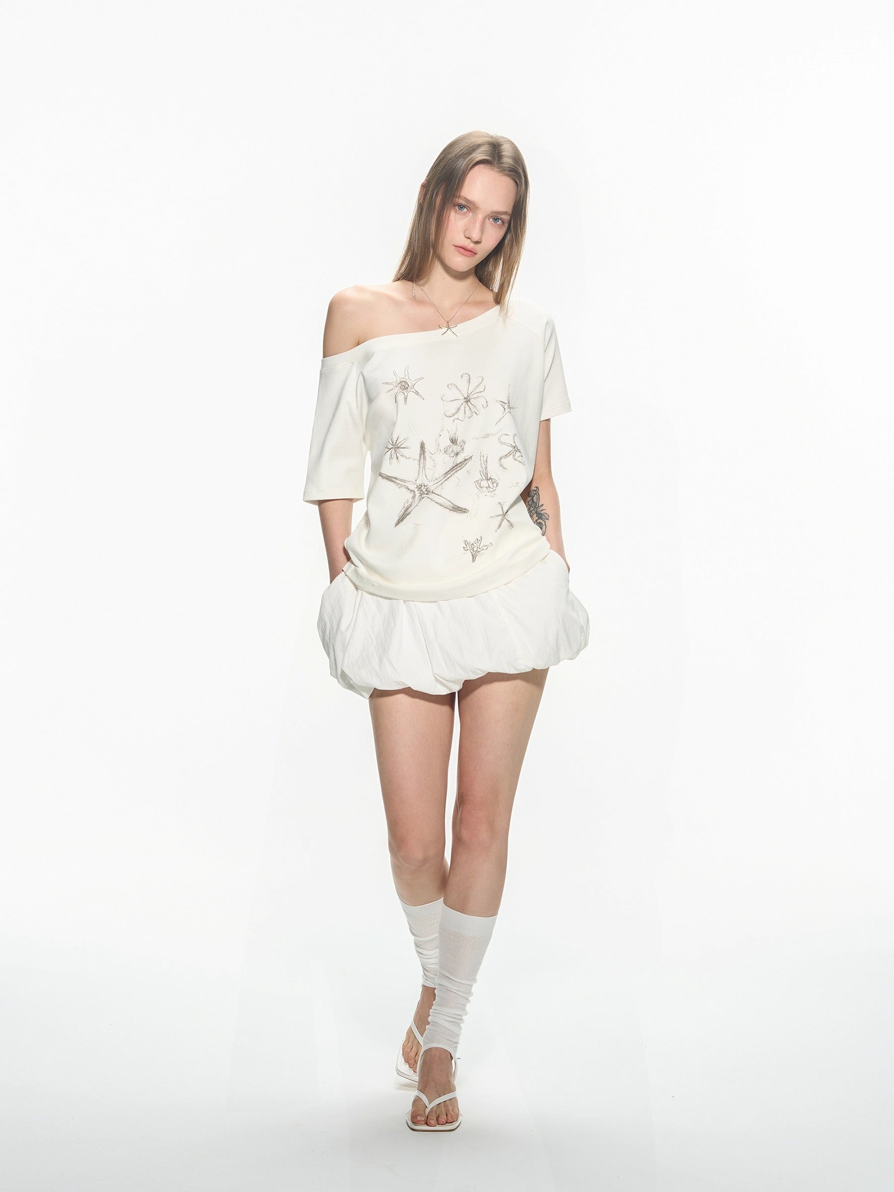Ballet Style Off Shoulder Short Sleeve Women T-Shirt
 [ID:0054TO]