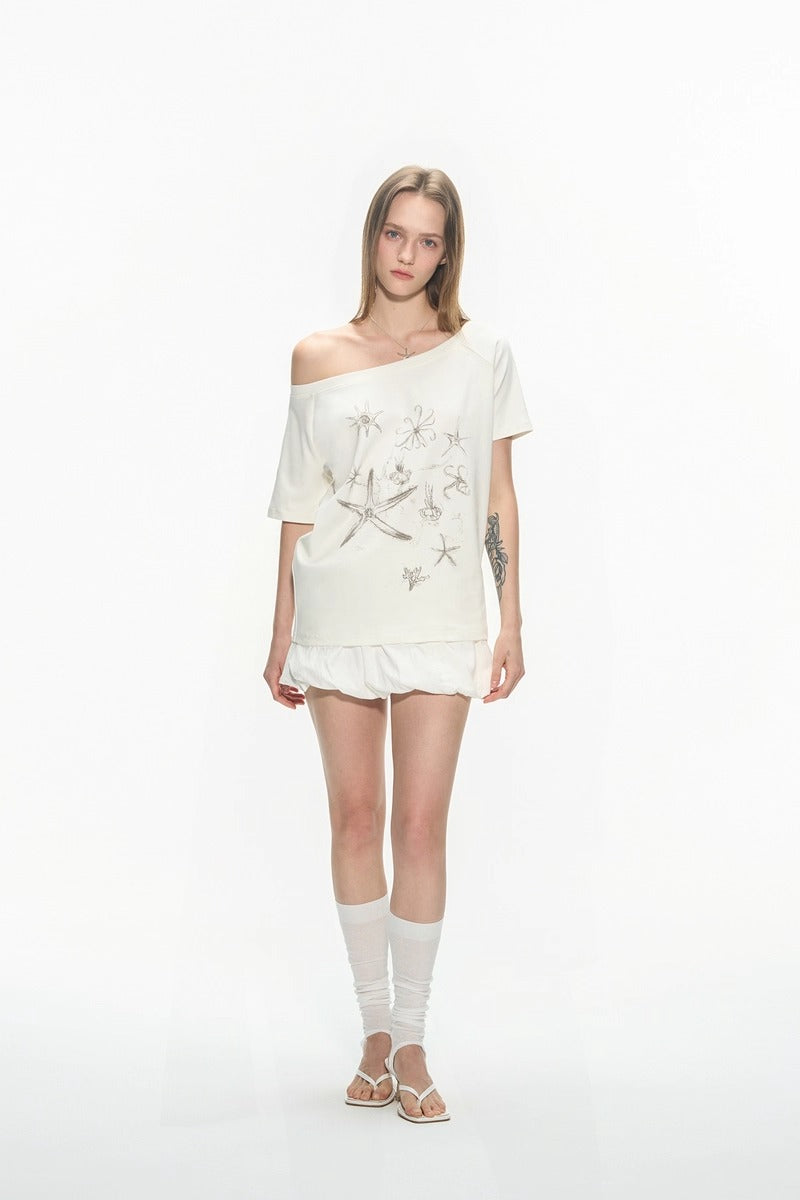 Ballet Style Off Shoulder Short Sleeve Women T-Shirt
 [ID:0054TO]