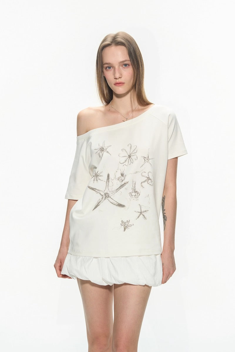 Ballet Style Off Shoulder Short Sleeve Women T-Shirt
 [ID:0054TO]