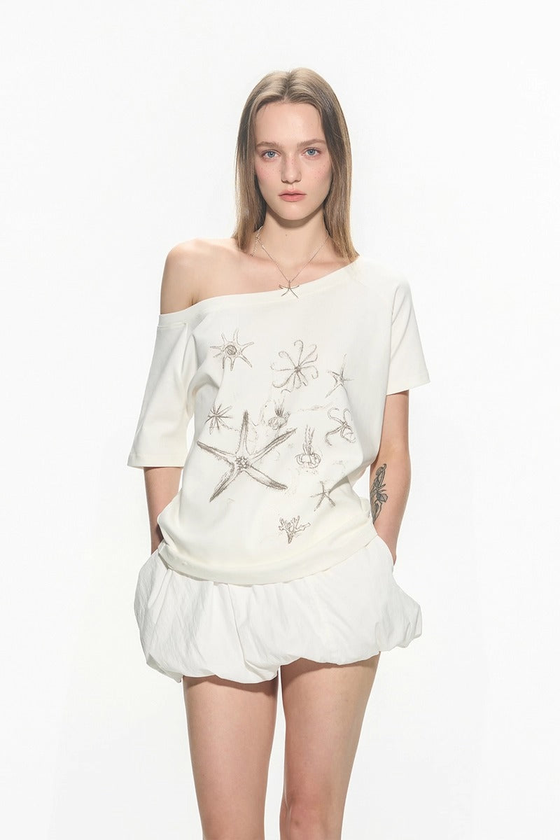 Ballet Style Off Shoulder Short Sleeve Women T-Shirt
 [ID:0054TO]