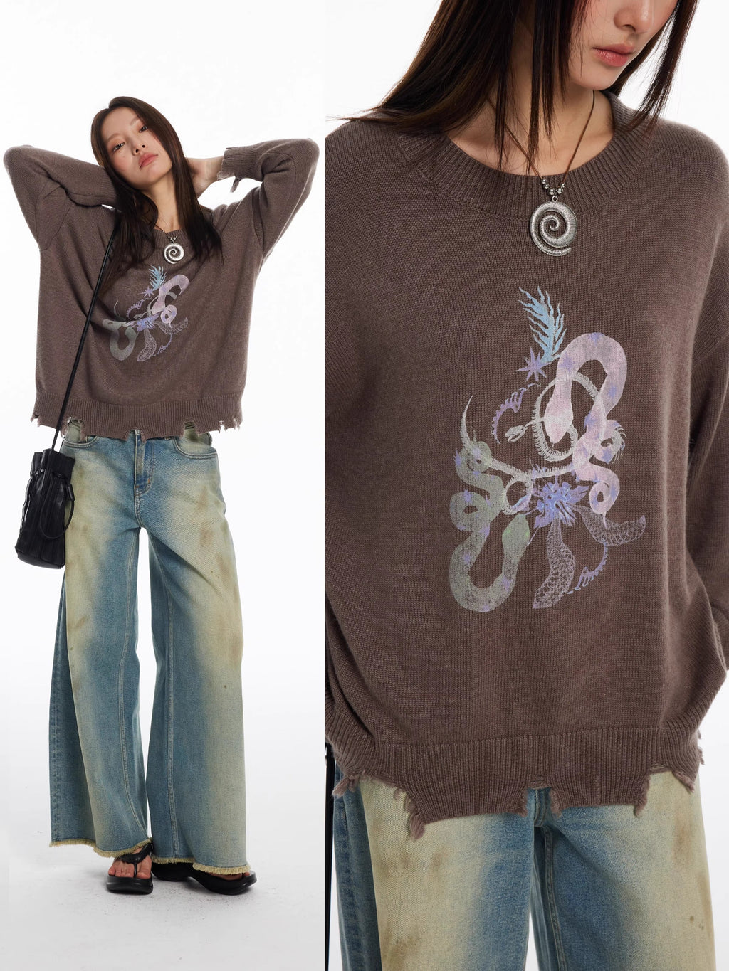 Snake Year Limited Retro Print Knit Women Sweater
 [ID:0055TO]