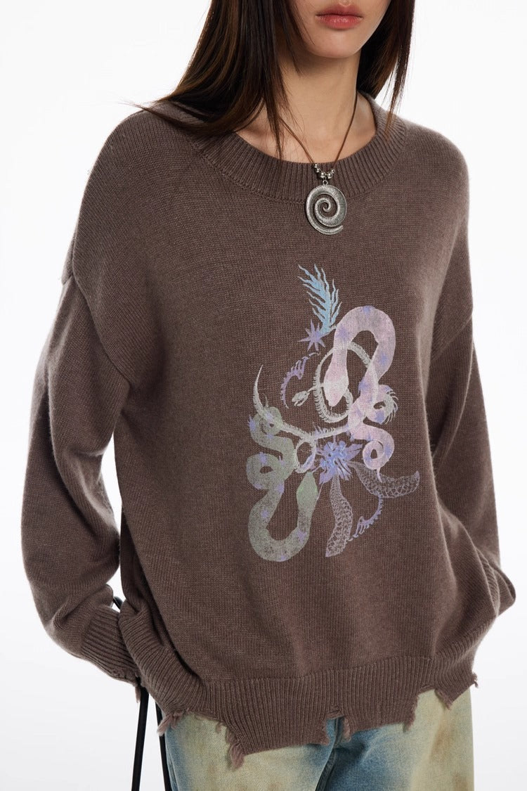 Snake Year Limited Retro Print Knit Women Sweater
 [ID:0055TO]
