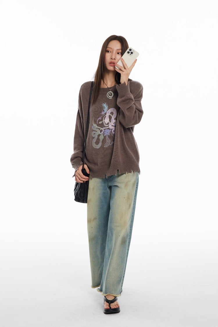 Snake Year Limited Retro Print Knit Women Sweater
 [ID:0055TO]