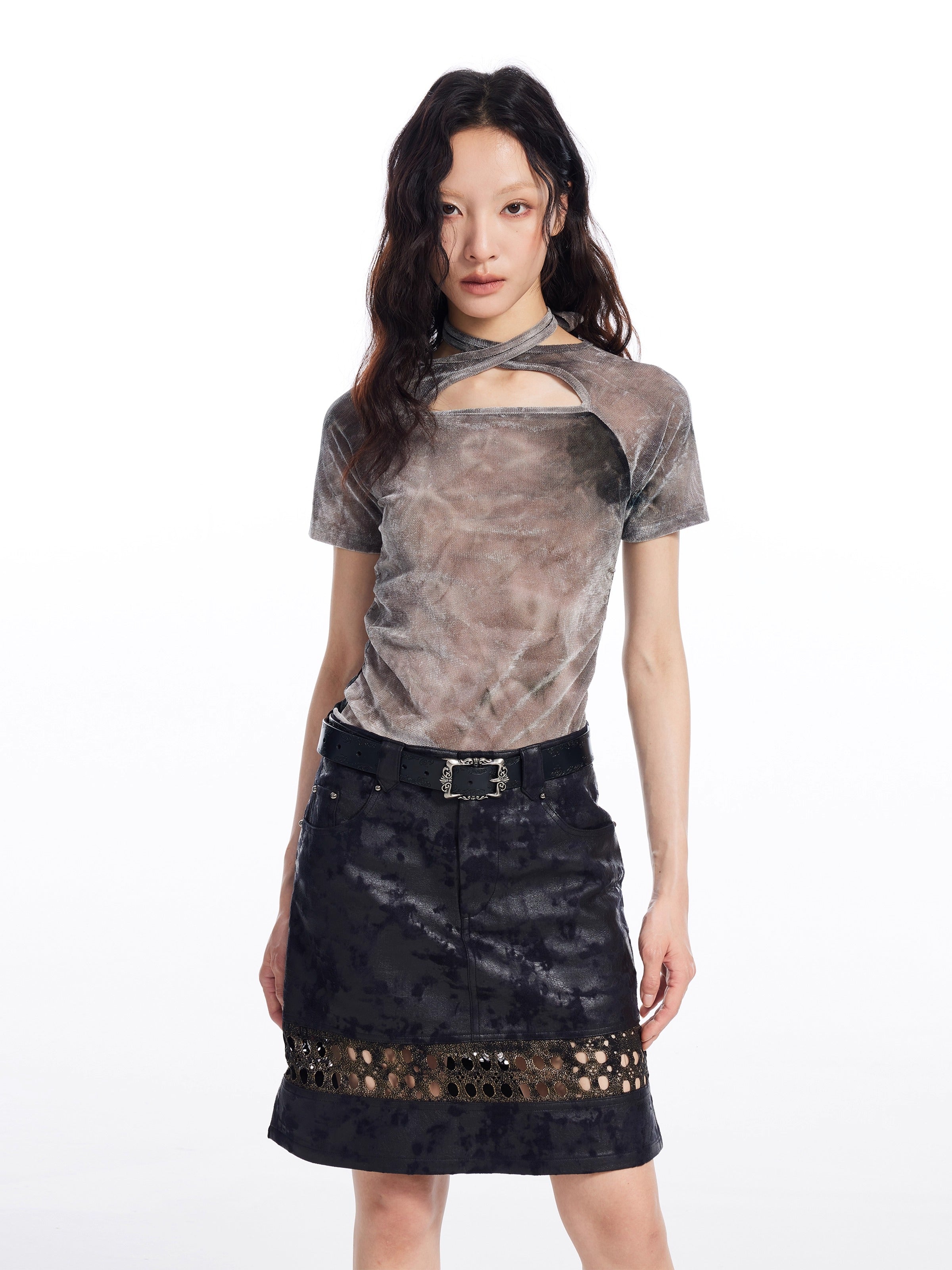Tie Dye Cross Back Strap Slim Fit Women T-Shirt
 [ID:0056TO]