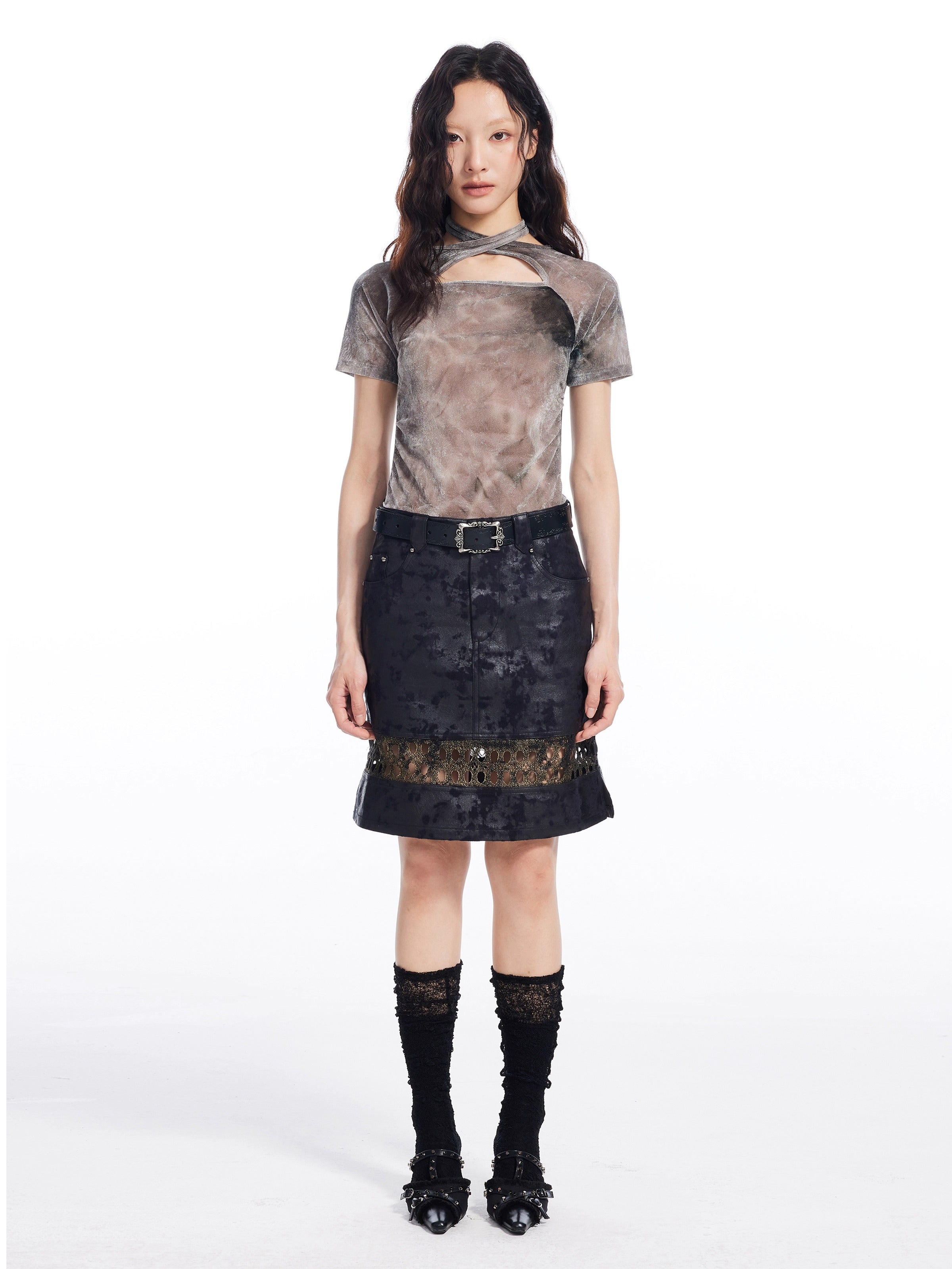 Tie Dye Cross Back Strap Slim Fit Women T-Shirt
 [ID:0056TO]