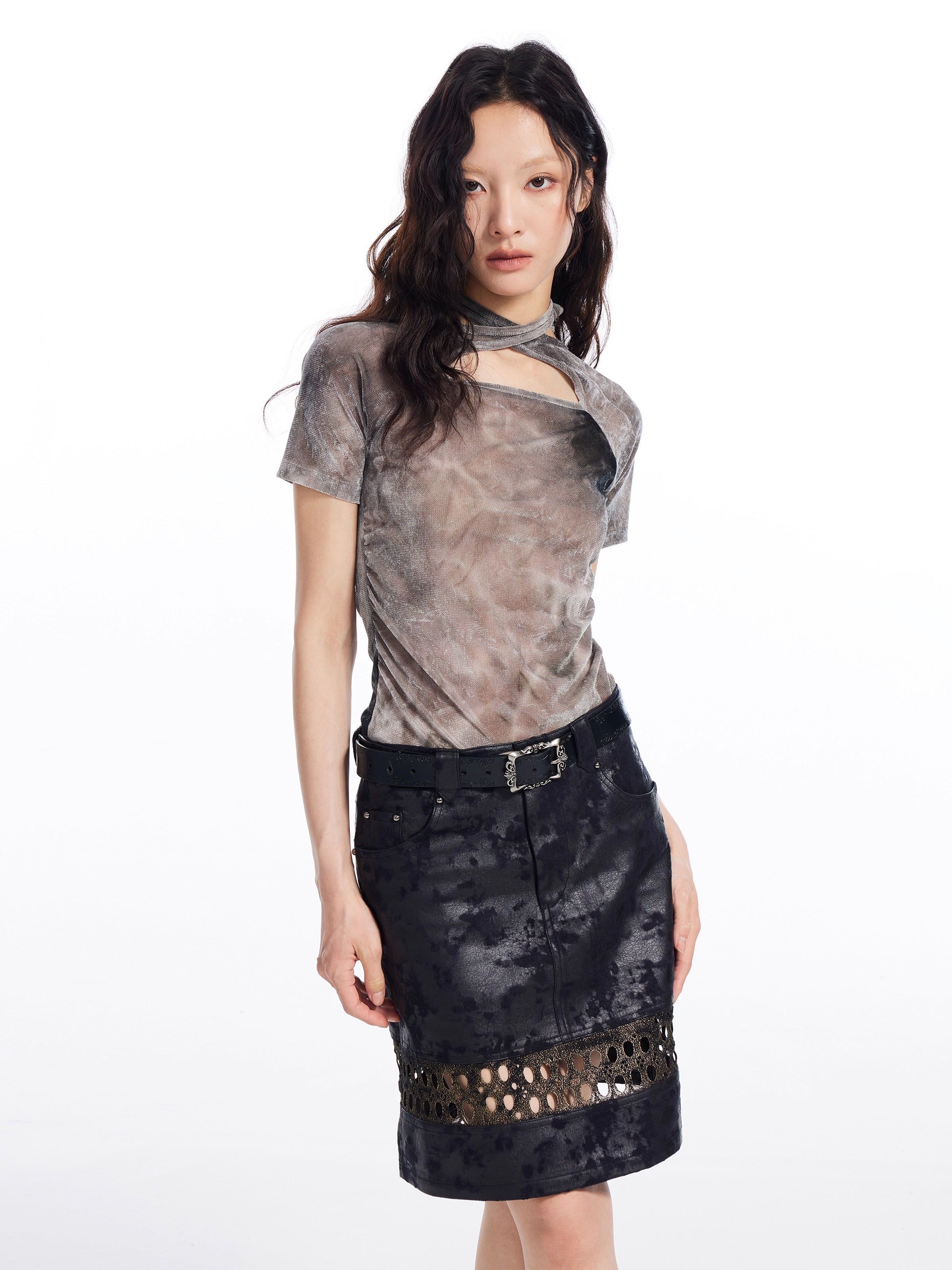 Tie Dye Cross Back Strap Slim Fit Women T-Shirt
 [ID:0056TO]