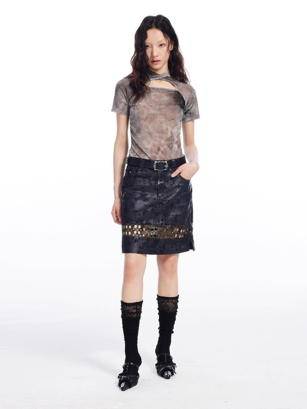 Tie Dye Cross Back Strap Slim Fit Women T-Shirt
 [ID:0056TO]