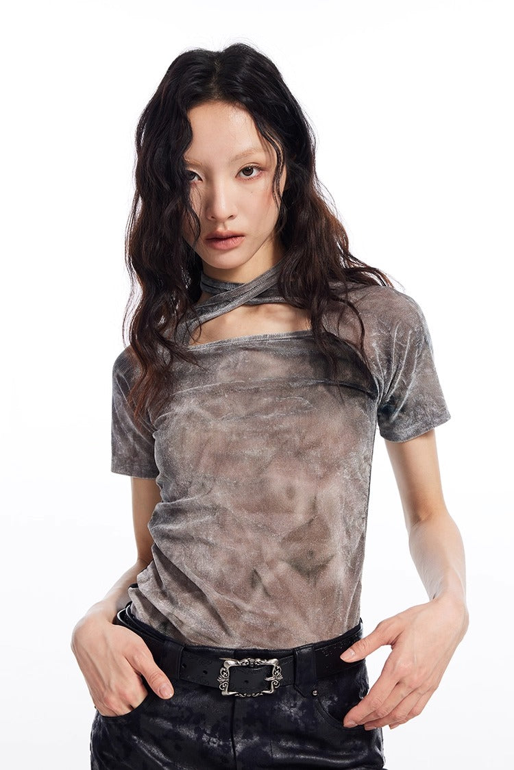 Tie Dye Cross Back Strap Slim Fit Women T-Shirt
 [ID:0056TO]