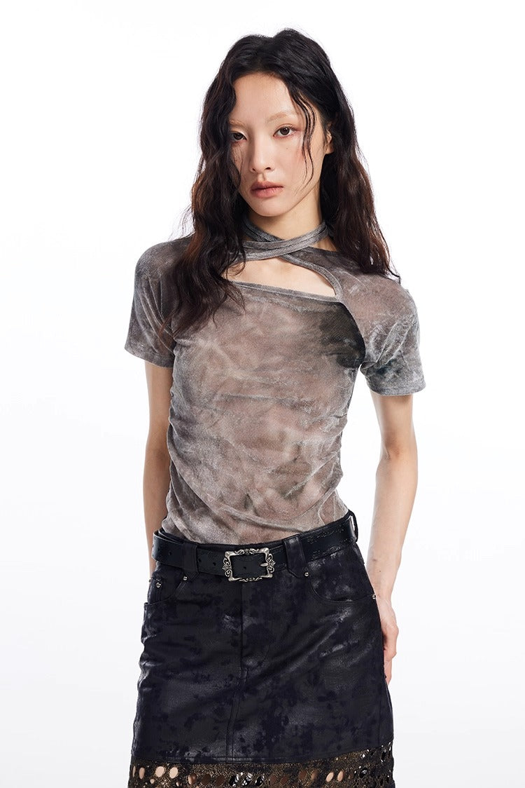 Tie Dye Cross Back Strap Slim Fit Women T-Shirt
 [ID:0056TO]