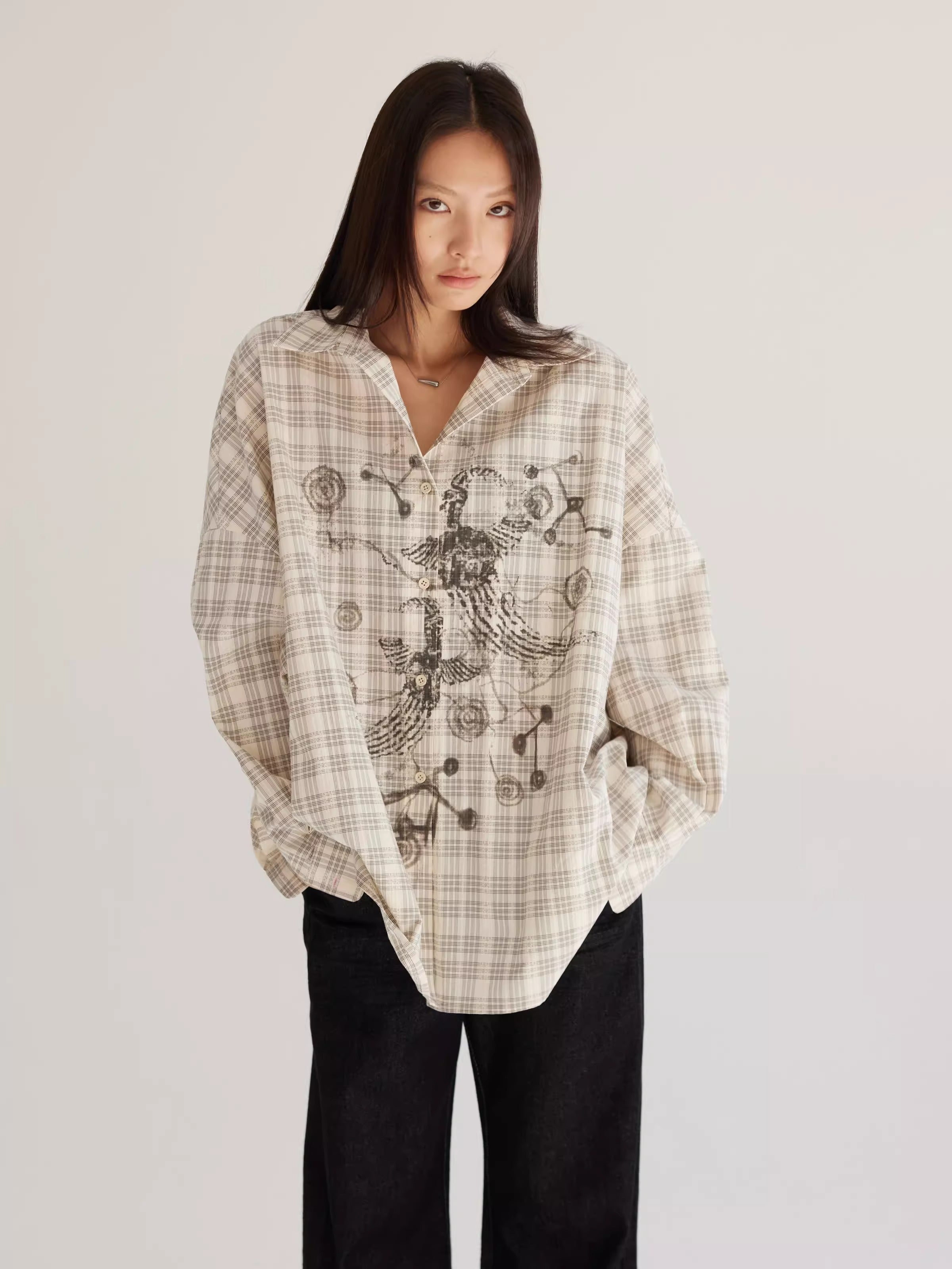 Plaid Beige Loose Fit Women Shirt Summer Jacket
 [ID:0057TO]