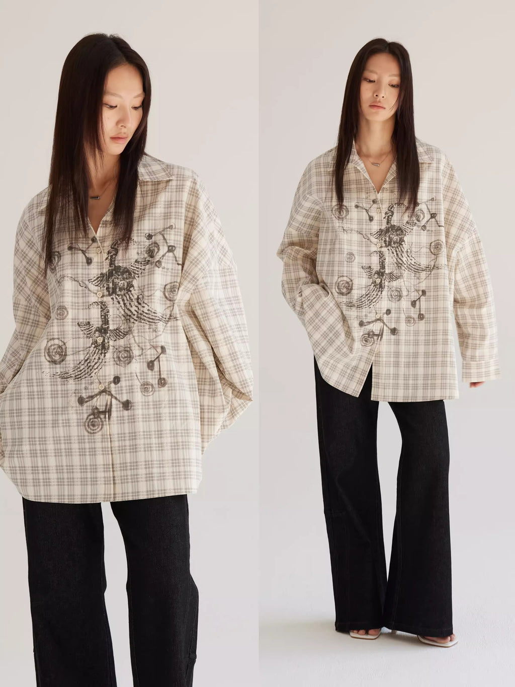 Plaid Beige Loose Fit Women Shirt Summer Jacket
 [ID:0057TO]
