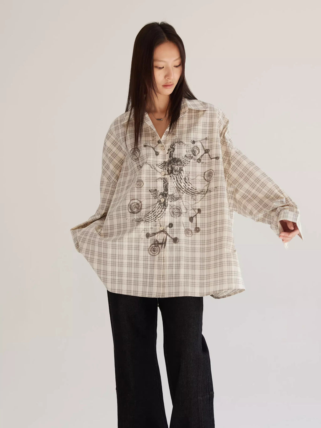 Plaid Beige Loose Fit Women Shirt Summer Jacket
 [ID:0057TO]
