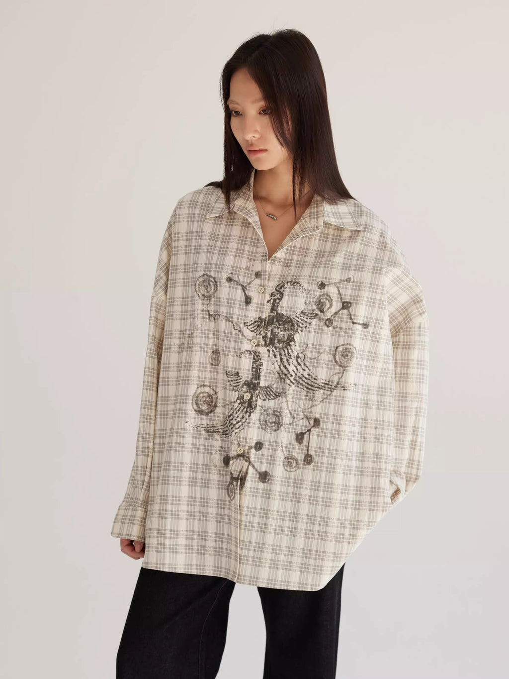 Plaid Beige Loose Fit Women Shirt Summer Jacket
 [ID:0057TO]