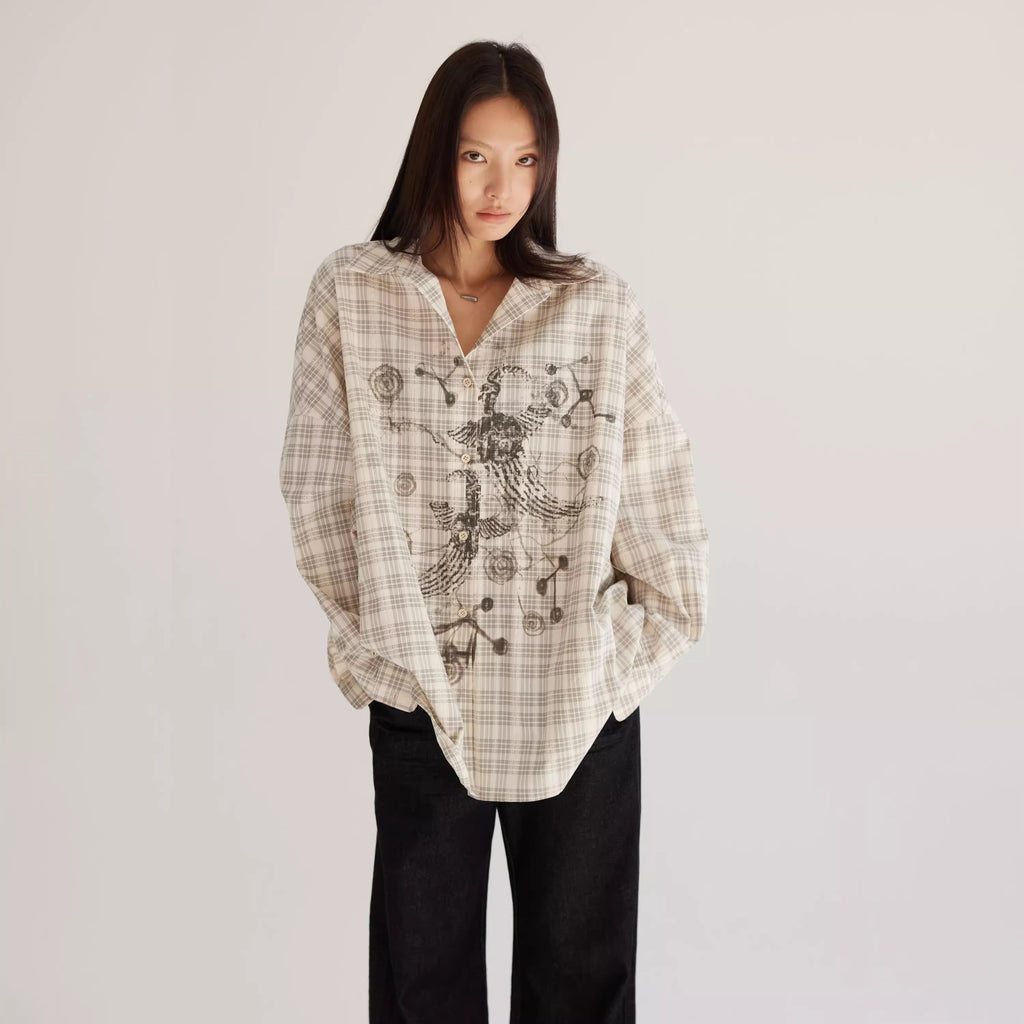 Plaid Beige Loose Fit Women Shirt Summer Jacket
 [ID:0057TO]