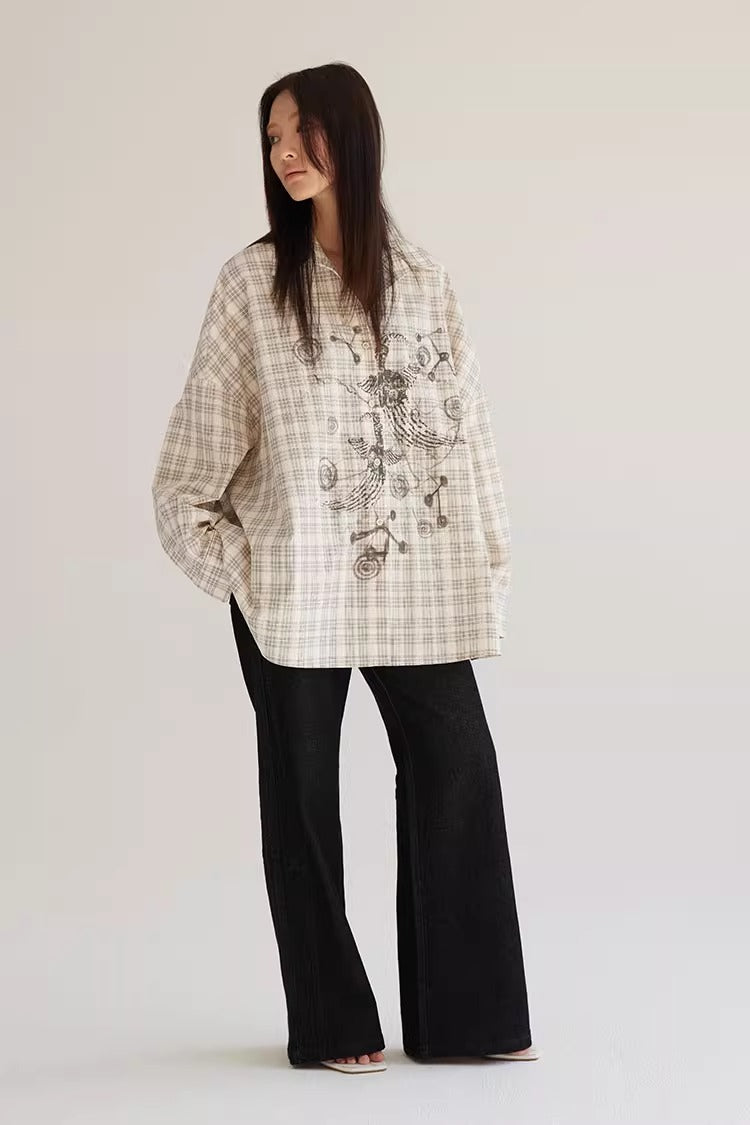 Plaid Beige Loose Fit Women Shirt Summer Jacket
 [ID:0057TO]