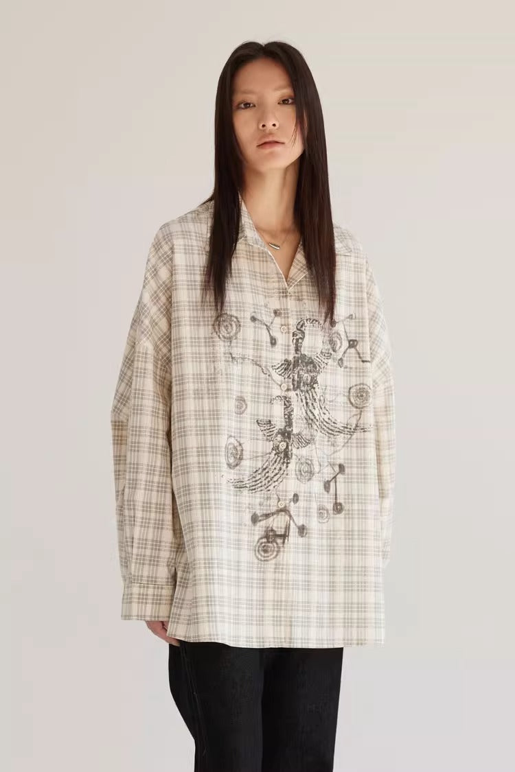 Plaid Beige Loose Fit Women Shirt Summer Jacket
 [ID:0057TO]