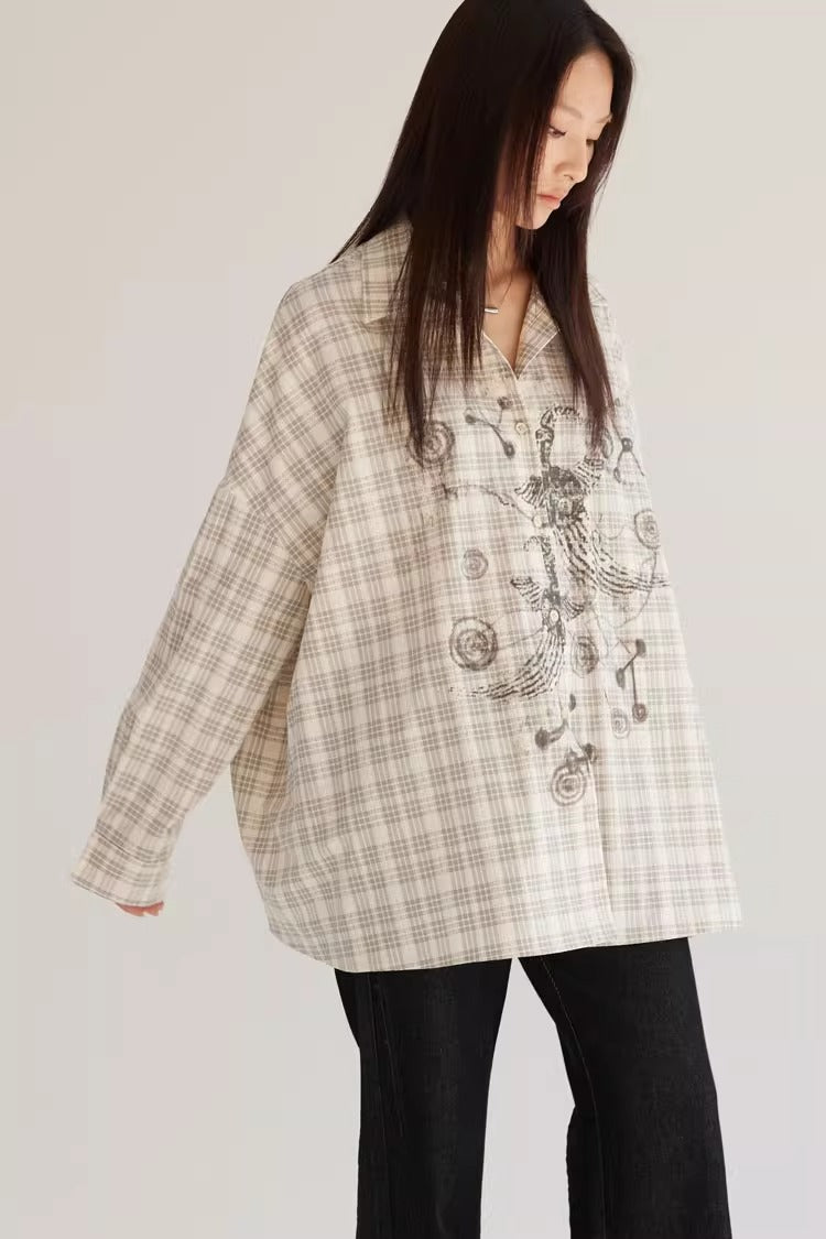 Plaid Beige Loose Fit Women Shirt Summer Jacket
 [ID:0057TO]