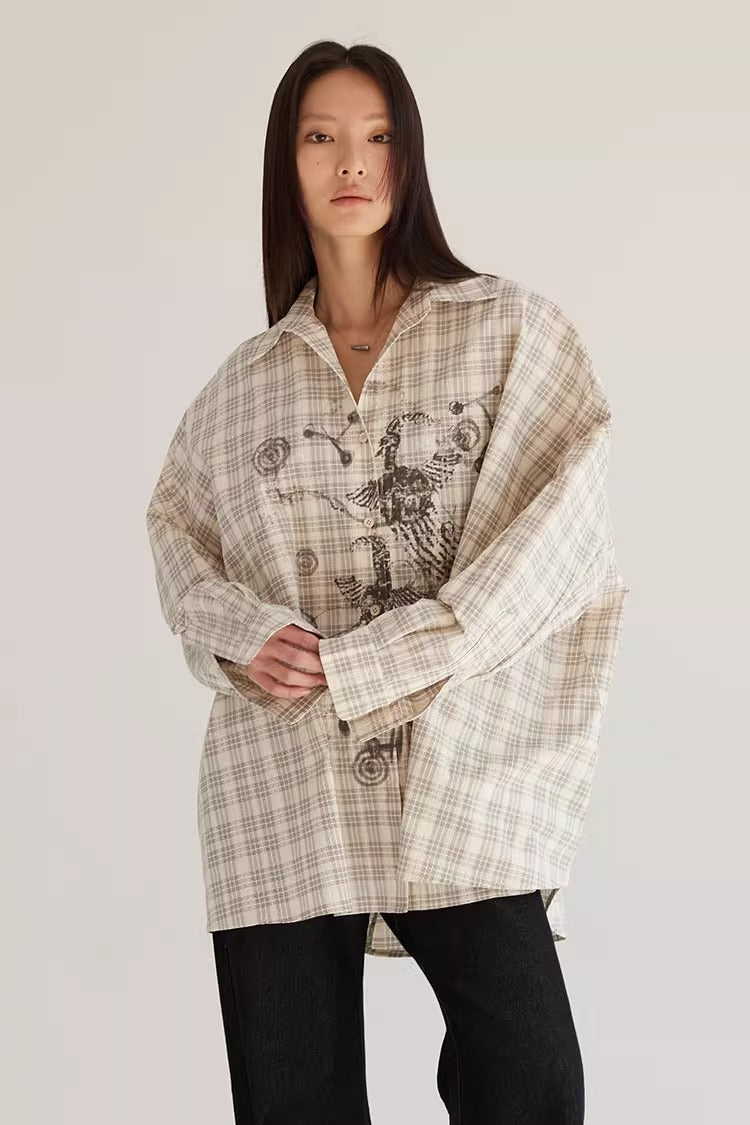 Plaid Beige Loose Fit Women Shirt Summer Jacket
 [ID:0057TO]