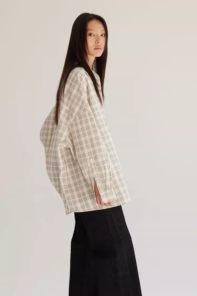 Plaid Beige Loose Fit Women Shirt Summer Jacket
 [ID:0057TO]