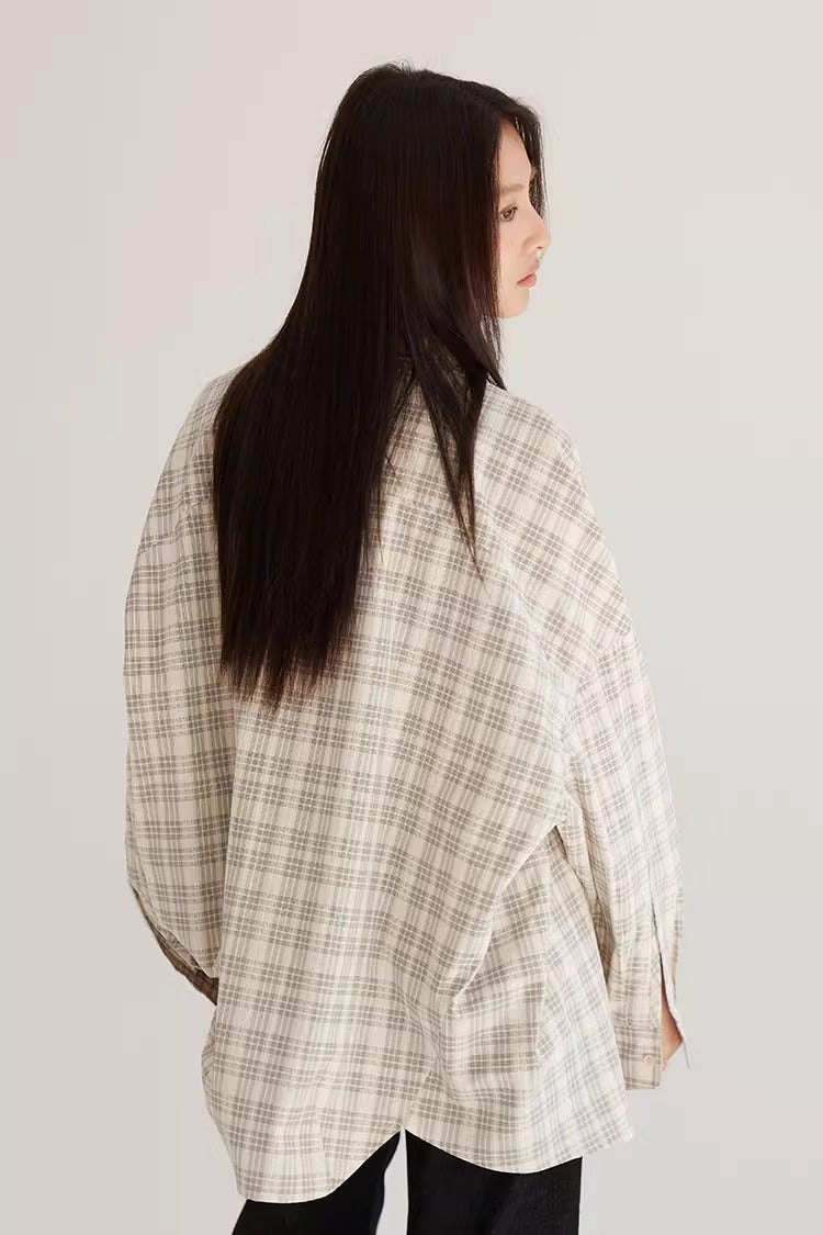 Plaid Beige Loose Fit Women Shirt Summer Jacket
 [ID:0057TO]