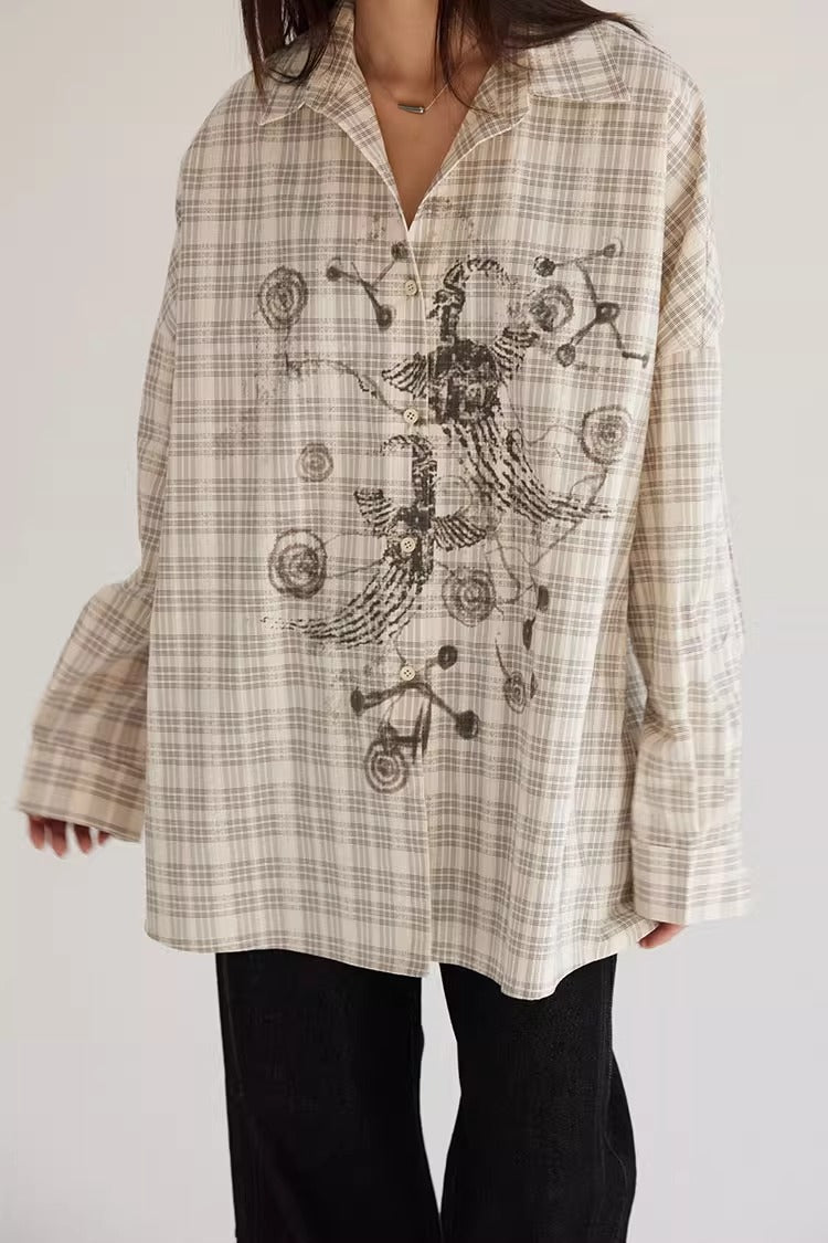 Plaid Beige Loose Fit Women Shirt Summer Jacket
 [ID:0057TO]