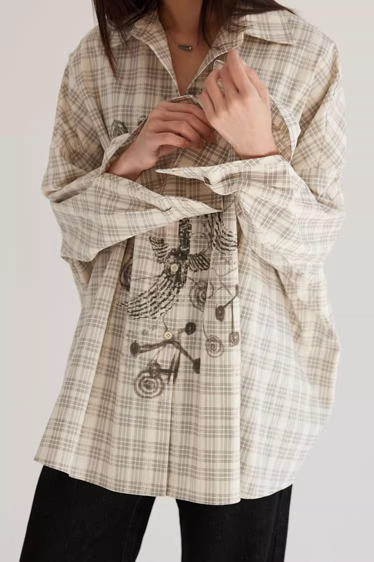 Plaid Beige Loose Fit Women Shirt Summer Jacket
 [ID:0057TO]
