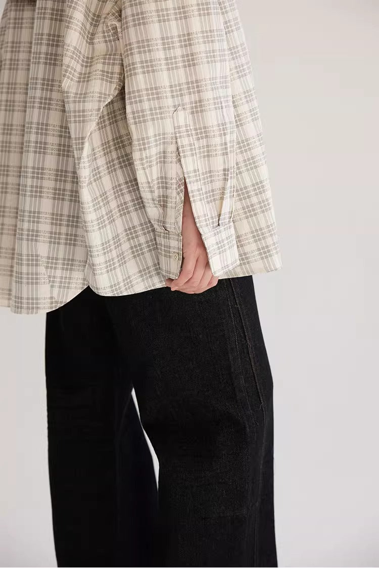 Plaid Beige Loose Fit Women Shirt Summer Jacket
 [ID:0057TO]