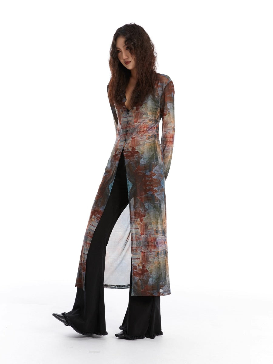 Retro Oil Painting Print Mesh Long Sun Protection Cardigan
 [ID:0058TO]