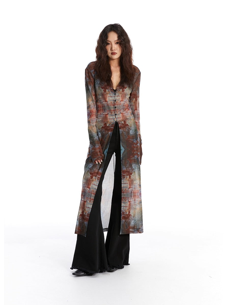 Retro Oil Painting Print Mesh Long Sun Protection Cardigan
 [ID:0058TO]