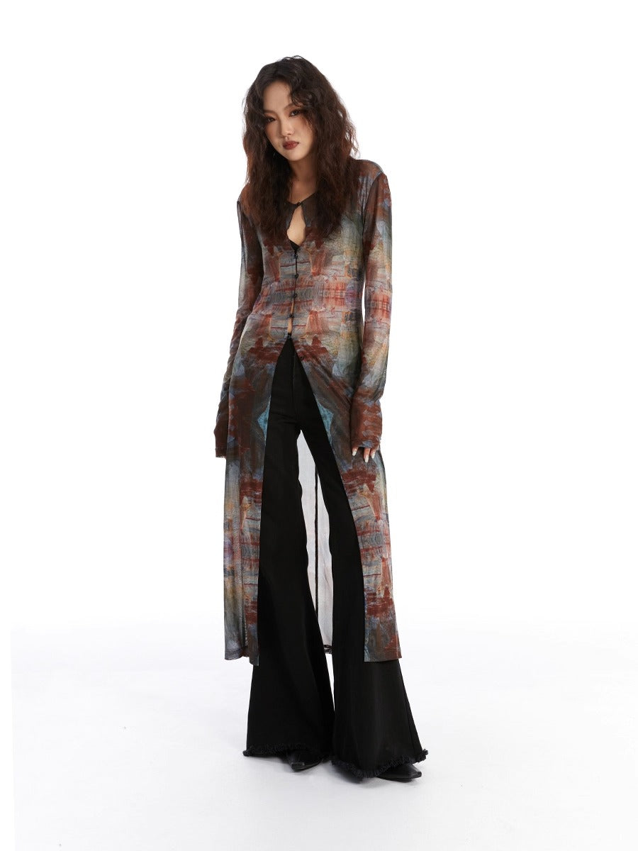 Retro Oil Painting Print Mesh Long Sun Protection Cardigan
 [ID:0058TO]