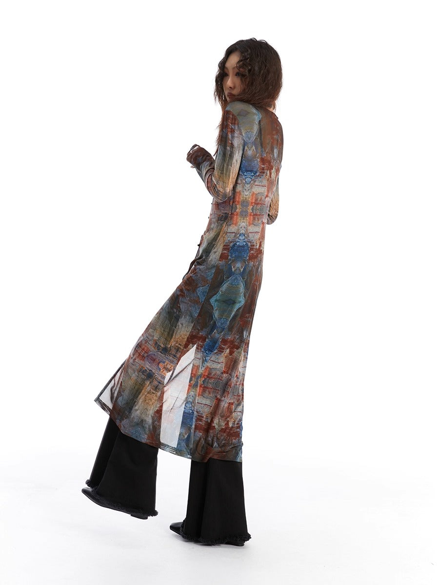 Retro Oil Painting Print Mesh Long Sun Protection Cardigan
 [ID:0058TO]