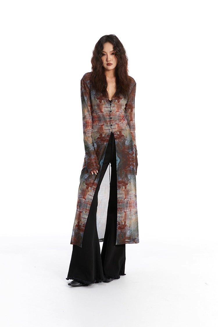 Retro Oil Painting Print Mesh Long Sun Protection Cardigan
 [ID:0058TO]